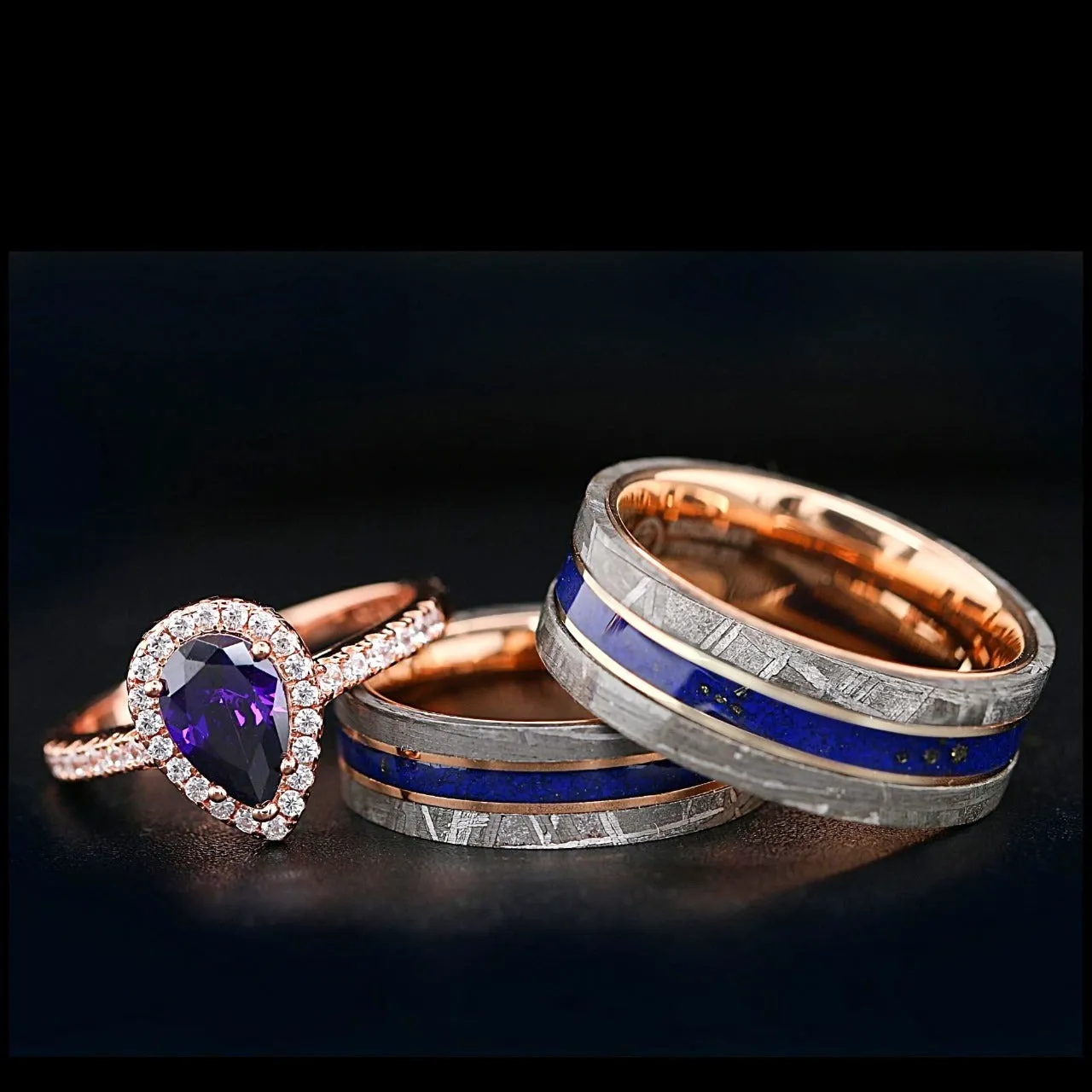 Meteor Pear - 3 pcs Couple Engagement Ring Set | Gold Plated Ring for Women | Meteorite Wedding Bands for Him & Her