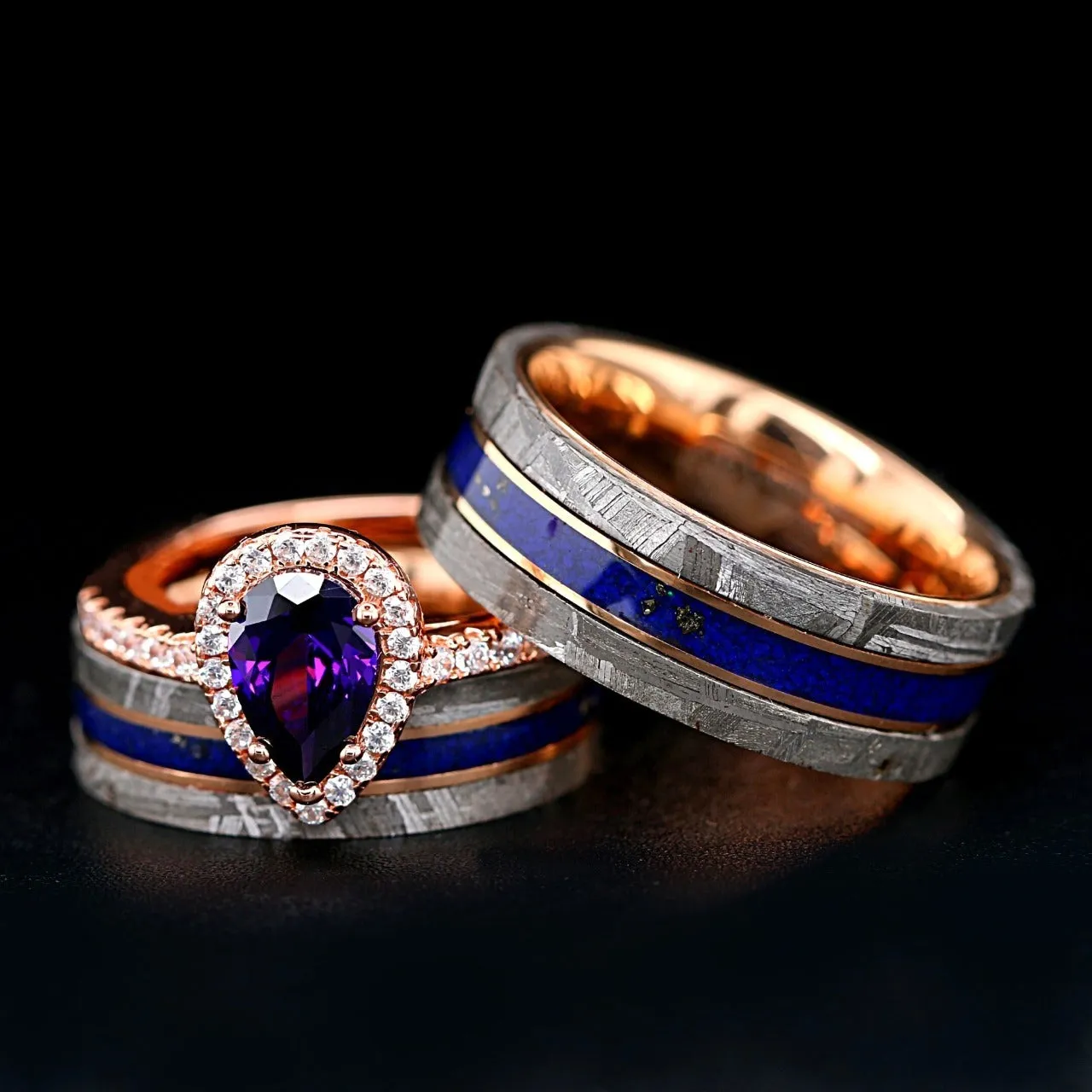 Meteor Pear - 3 pcs Couple Engagement Ring Set | Gold Plated Ring for Women | Meteorite Wedding Bands for Him & Her