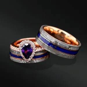 Meteor Pear - 3 pcs Couple Engagement Ring Set | Gold Plated Ring for Women | Meteorite Wedding Bands for Him & Her
