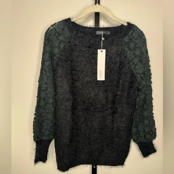 Millau Black Sweater with Embroidered Sleeves - Size Small