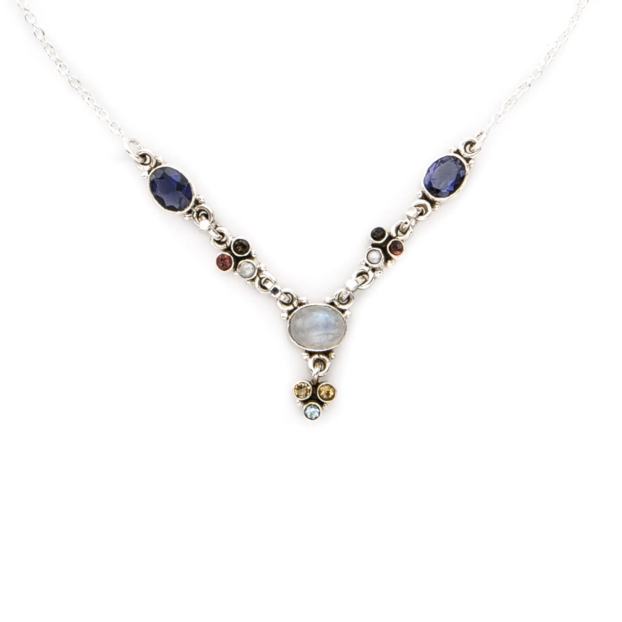 Multi Gemstone Glamorous Sterling Silver Necklace