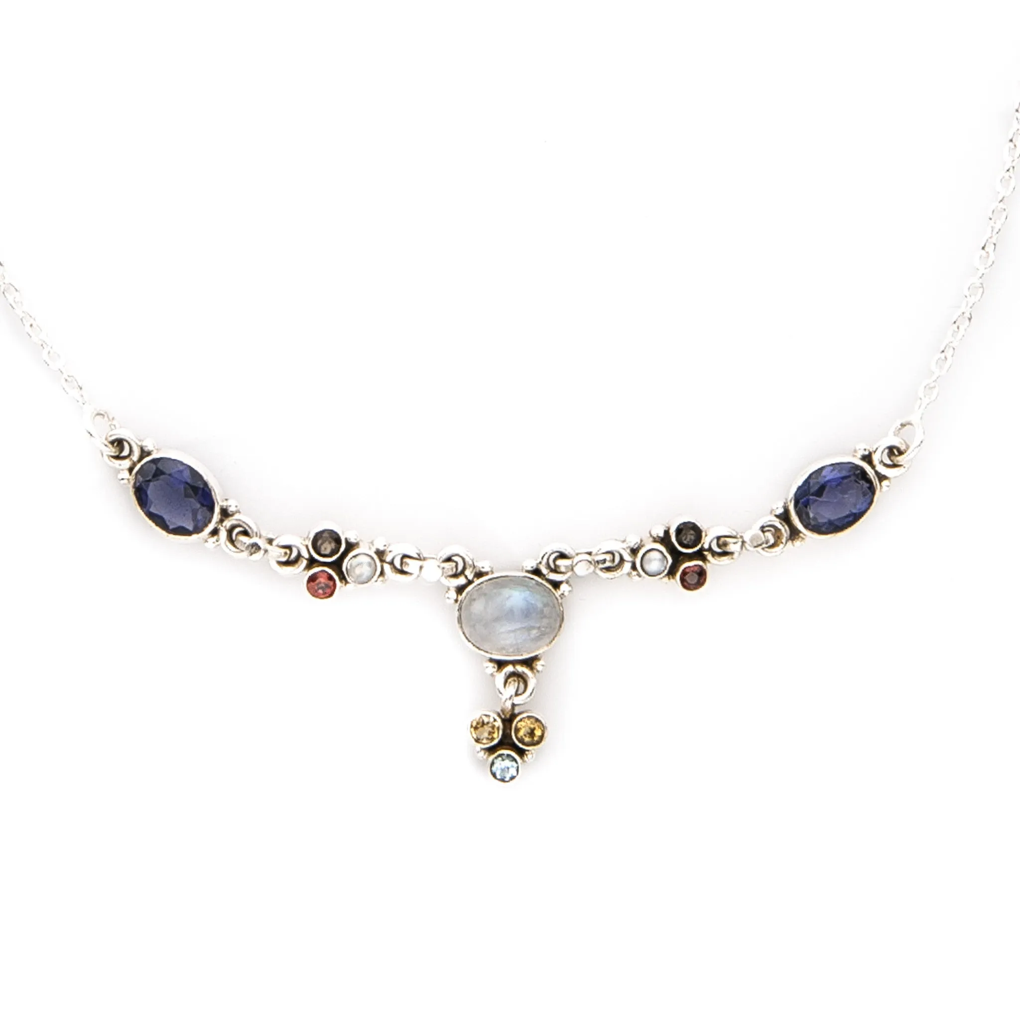 Multi Gemstone Glamorous Sterling Silver Necklace