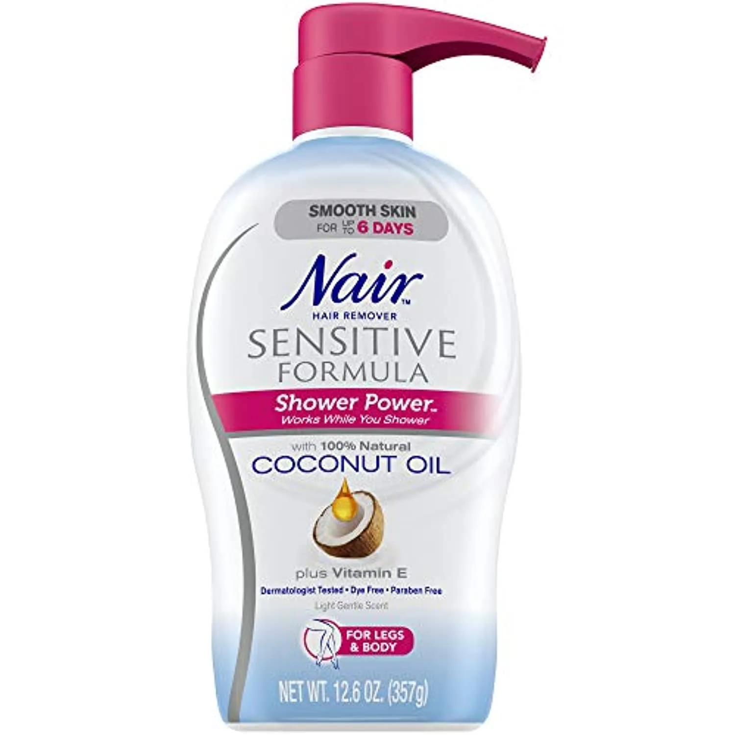 Nair Hair Remover Sensitive Formula Shower Power with Coconut Oil and Vitamin E, Light, Gentle Scent, 12.59 Oz (Packaging May Vary)
