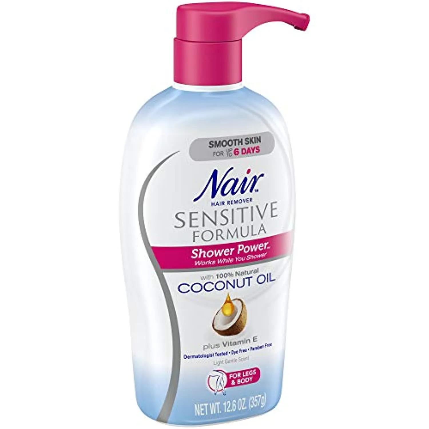 Nair Hair Remover Sensitive Formula Shower Power with Coconut Oil and Vitamin E, Light, Gentle Scent, 12.59 Oz (Packaging May Vary)