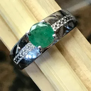 Natural 1ct Green Emerald 925 Solid Sterling Silver Unisex Engagement Ring Size 6, 9