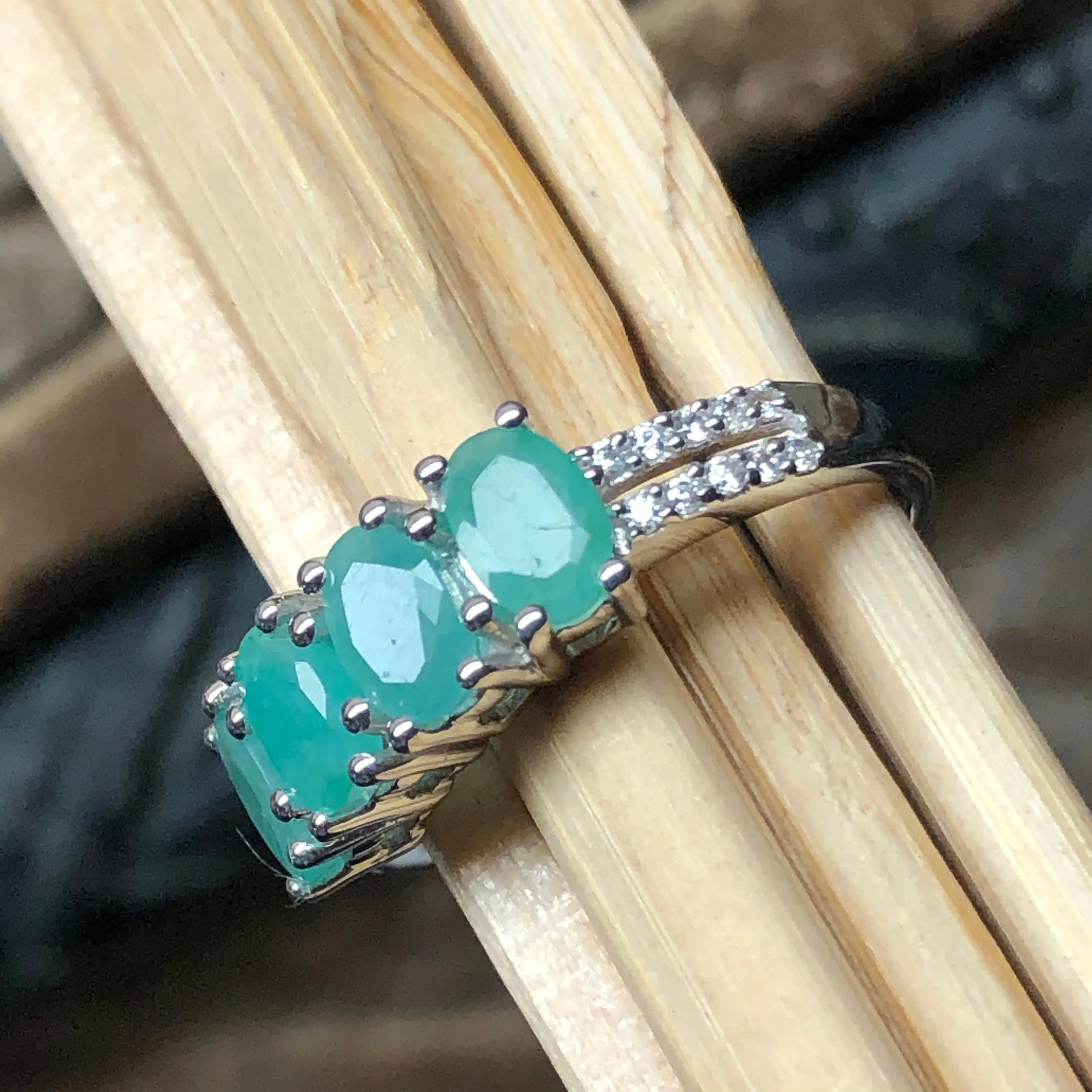 Natural 2.5ct Green Emerald 925 Solid Sterling Silver Wedding Ring Size 6, 7, 8, 9