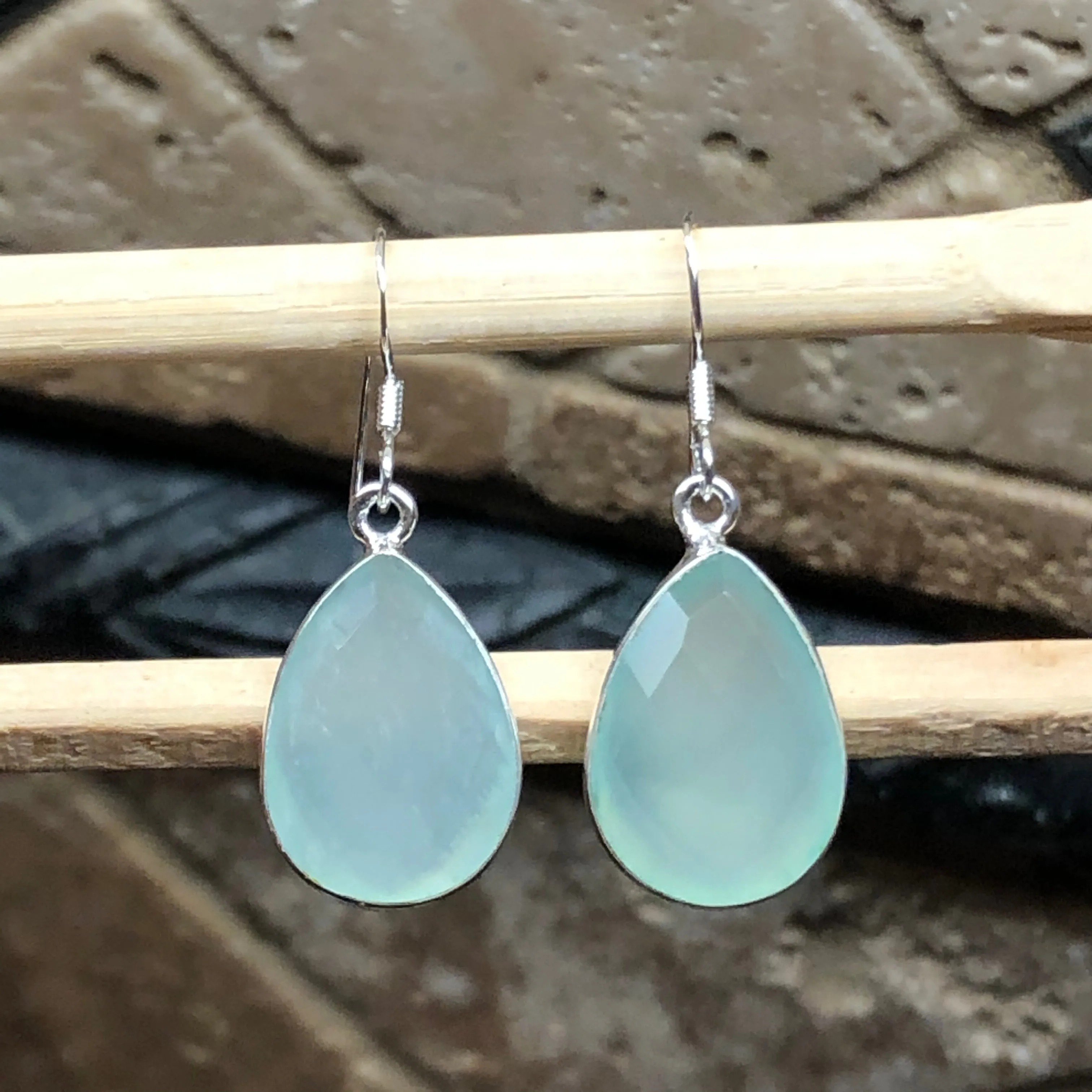 Natural Aqua Chalcedony 925 Solid Sterling Silver Earrings 30mm