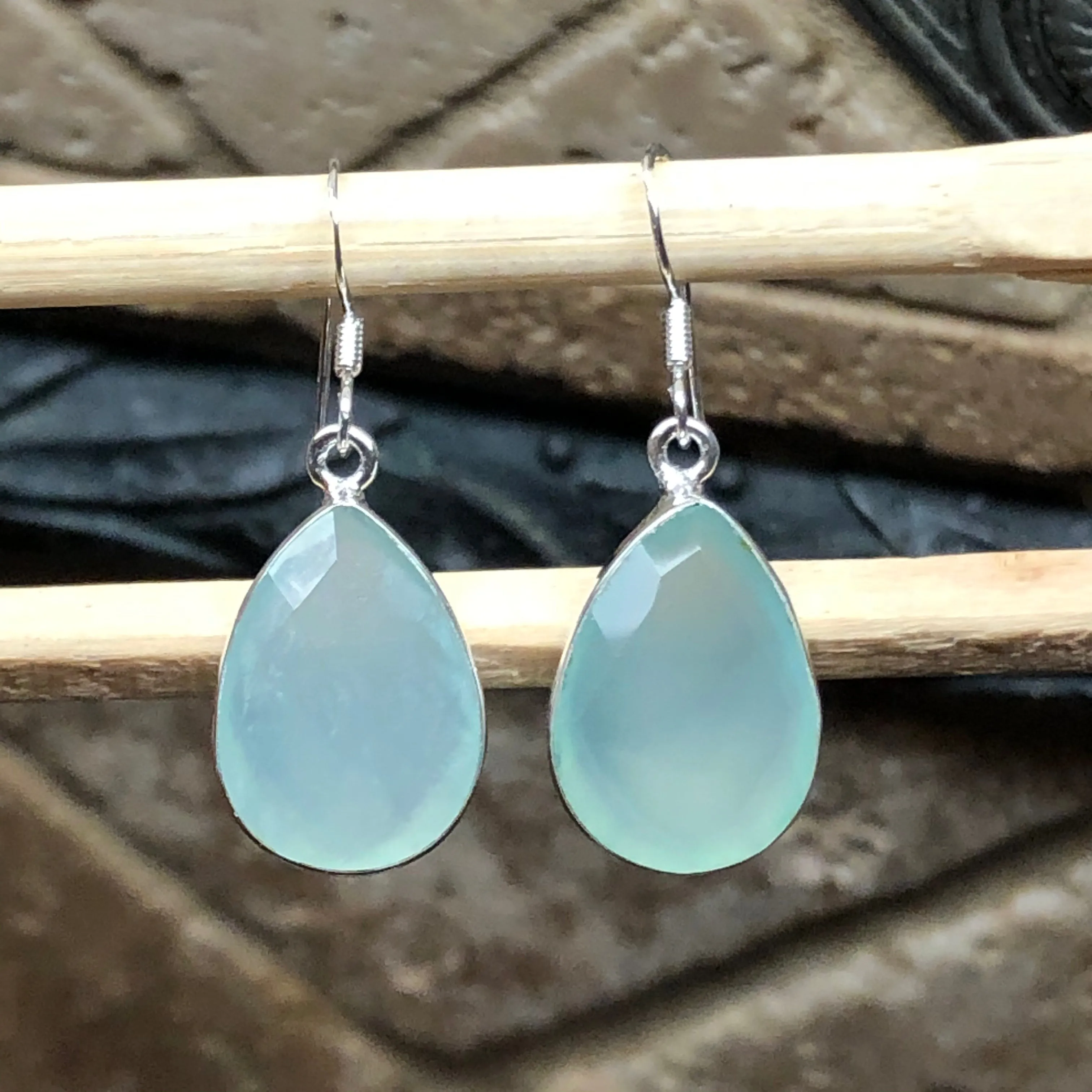 Natural Aqua Chalcedony 925 Solid Sterling Silver Earrings 30mm