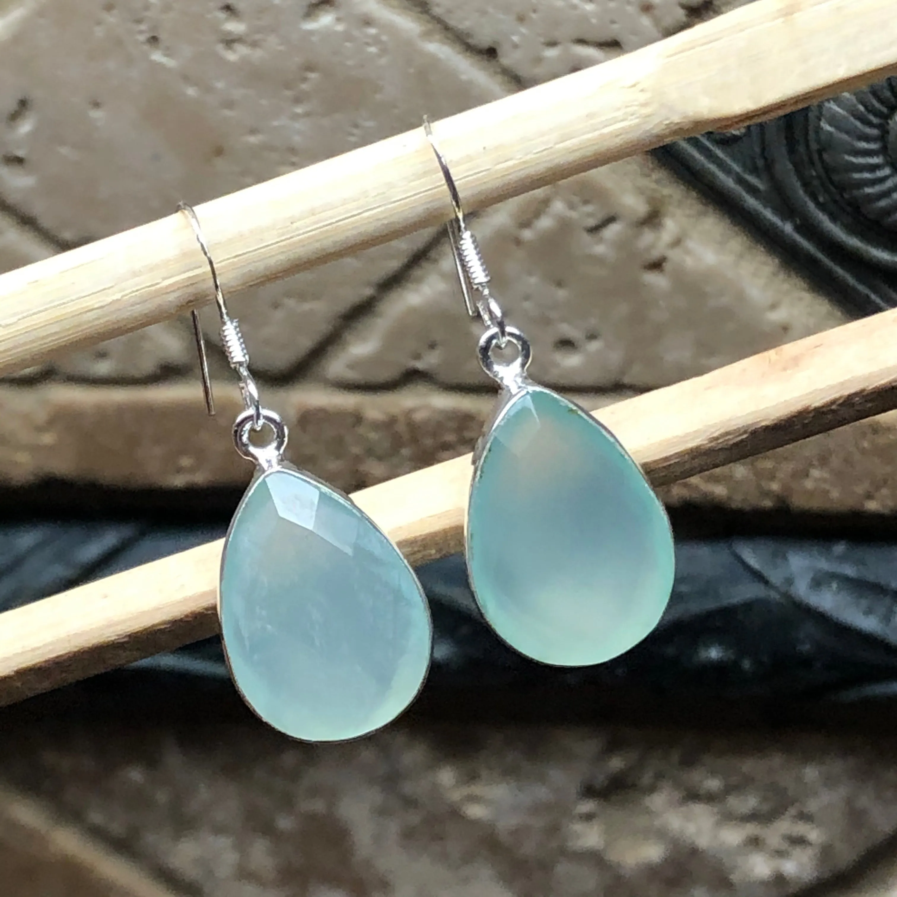 Natural Aqua Chalcedony 925 Solid Sterling Silver Earrings 30mm