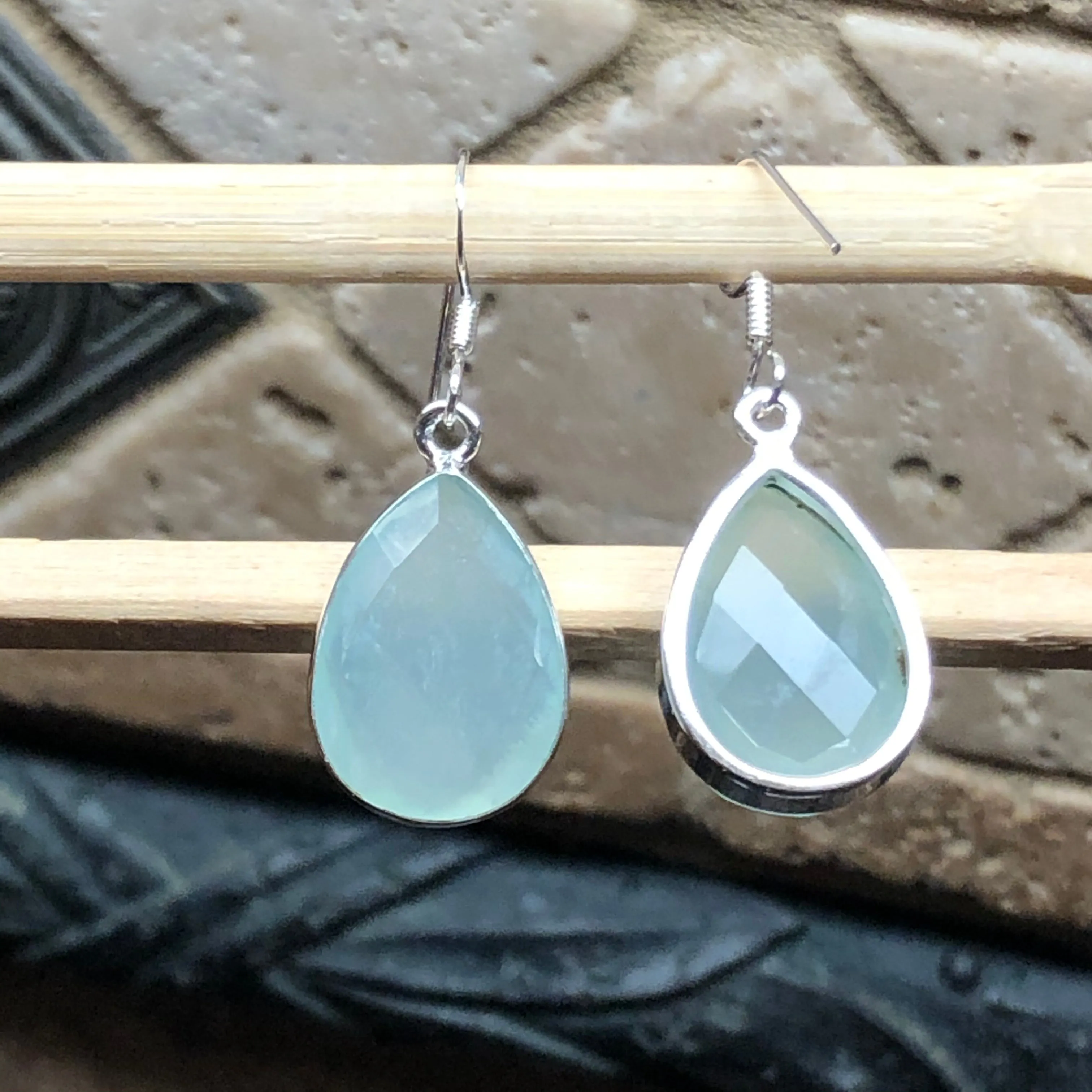 Natural Aqua Chalcedony 925 Solid Sterling Silver Earrings 30mm