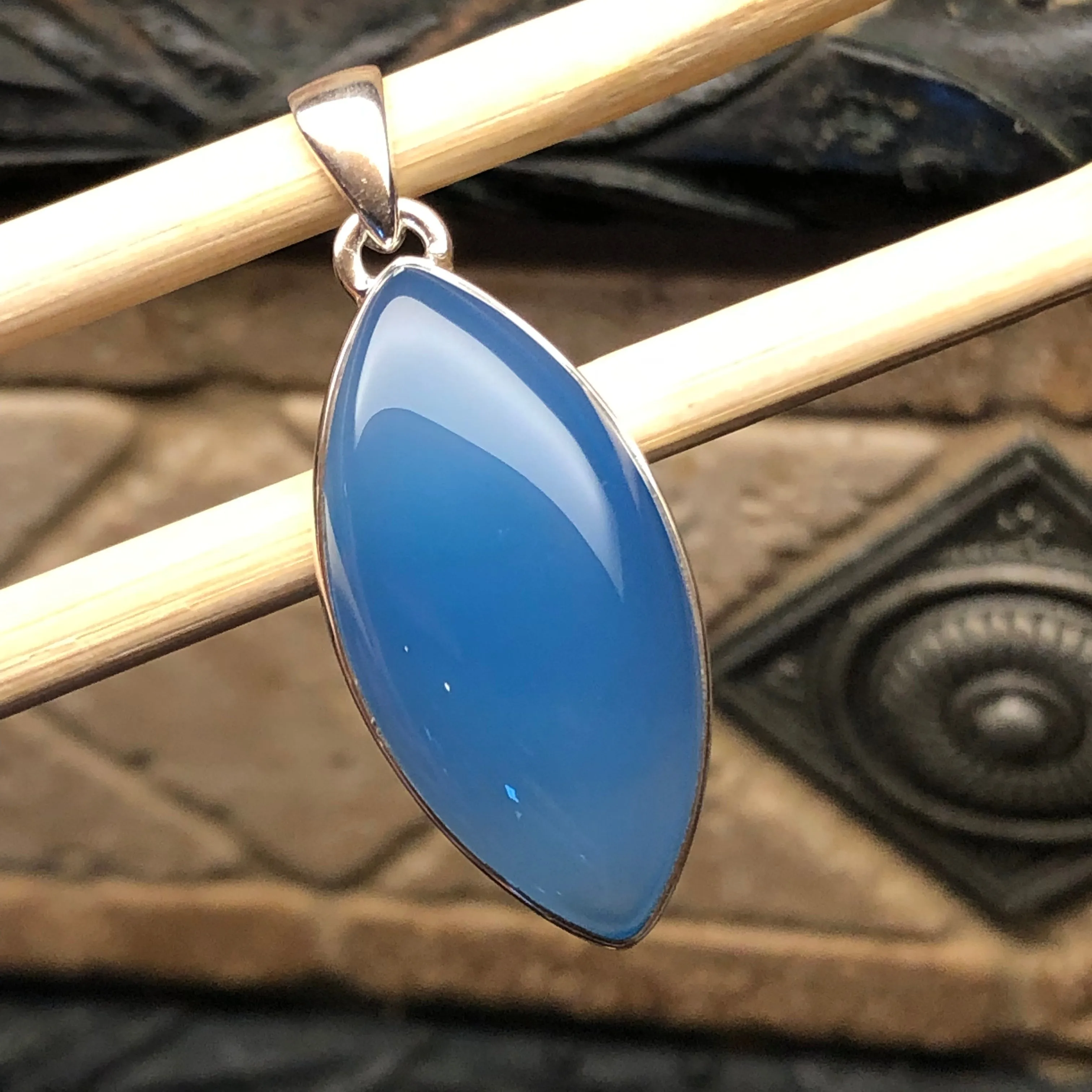 Natural Blue Chalcedony 925 Solid Sterling Silver Pendant 40mm