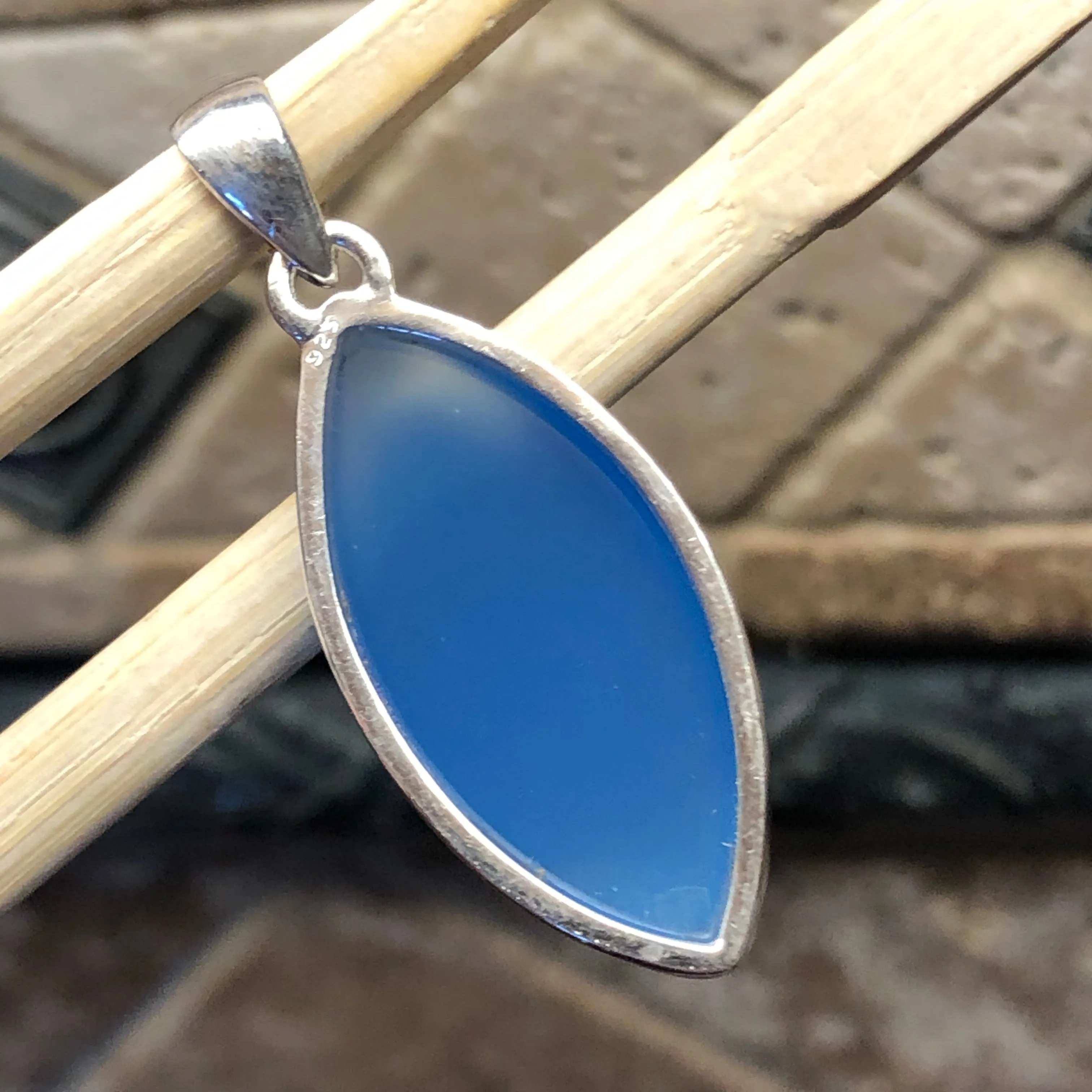 Natural Blue Chalcedony 925 Solid Sterling Silver Pendant 40mm