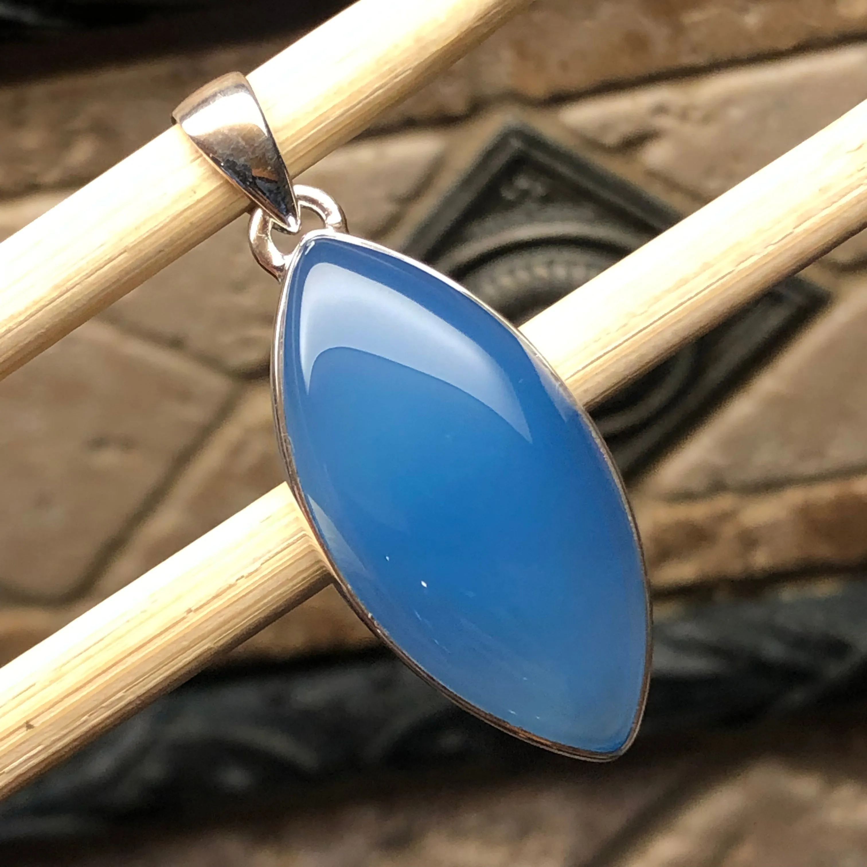 Natural Blue Chalcedony 925 Solid Sterling Silver Pendant 40mm