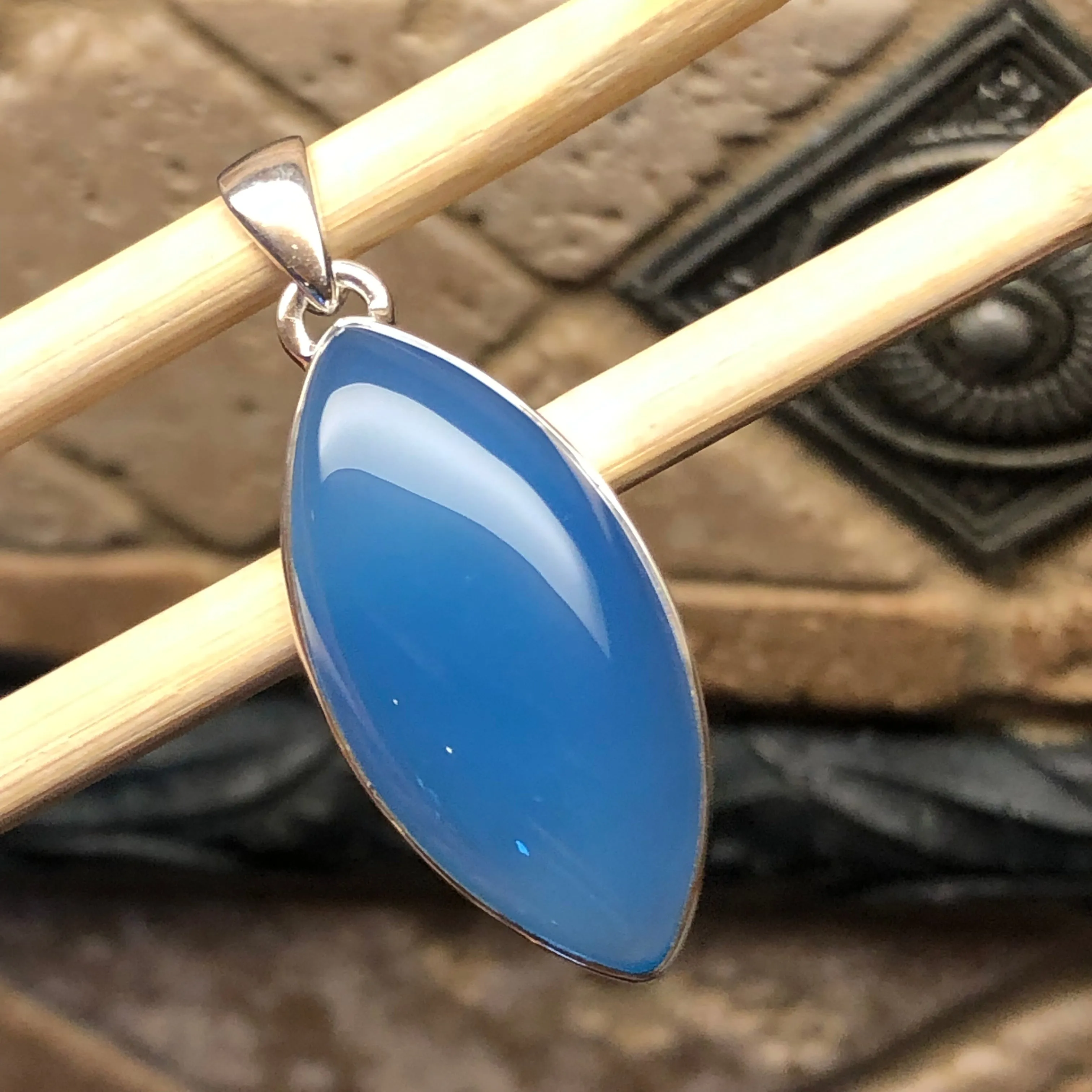 Natural Blue Chalcedony 925 Solid Sterling Silver Pendant 40mm