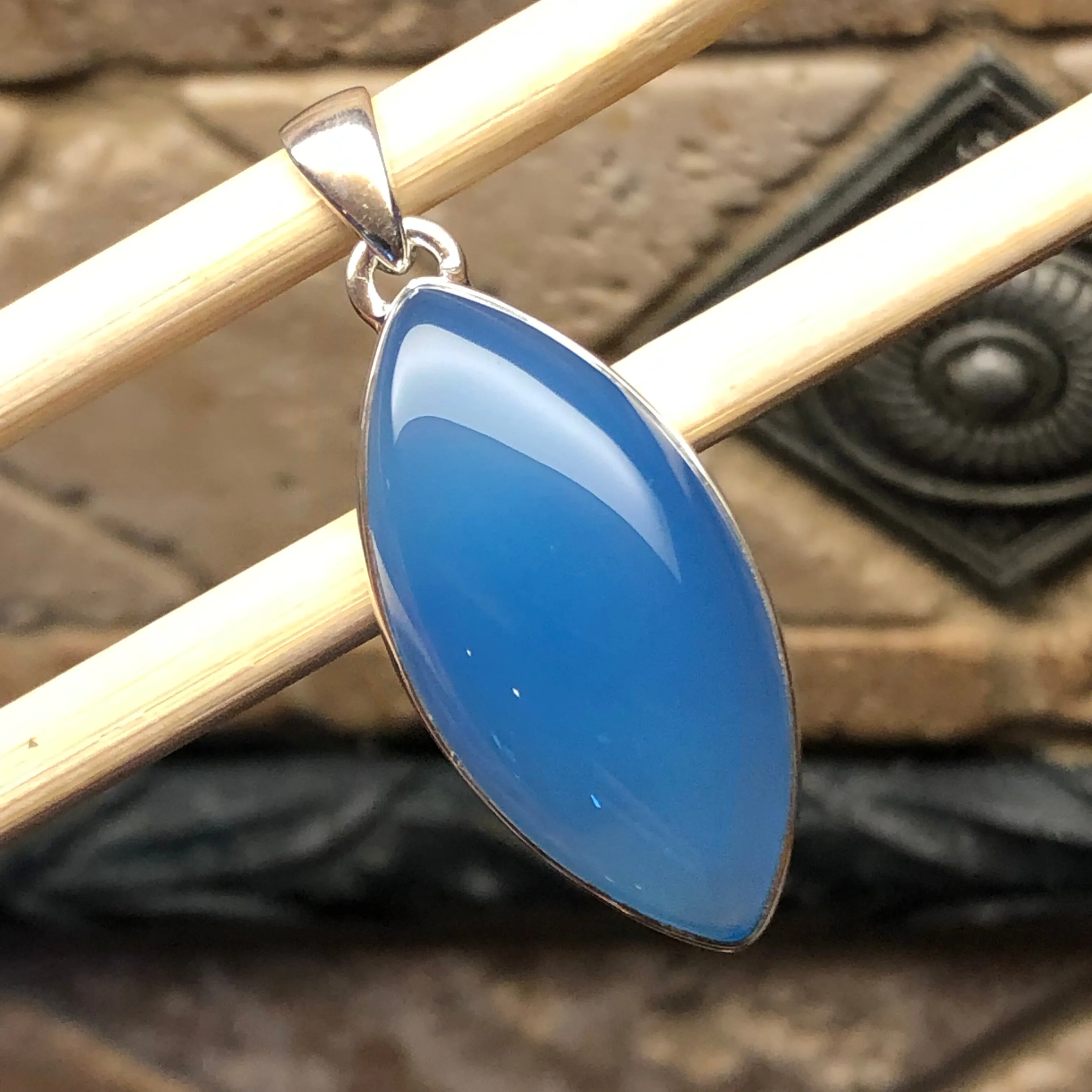 Natural Blue Chalcedony 925 Solid Sterling Silver Pendant 40mm