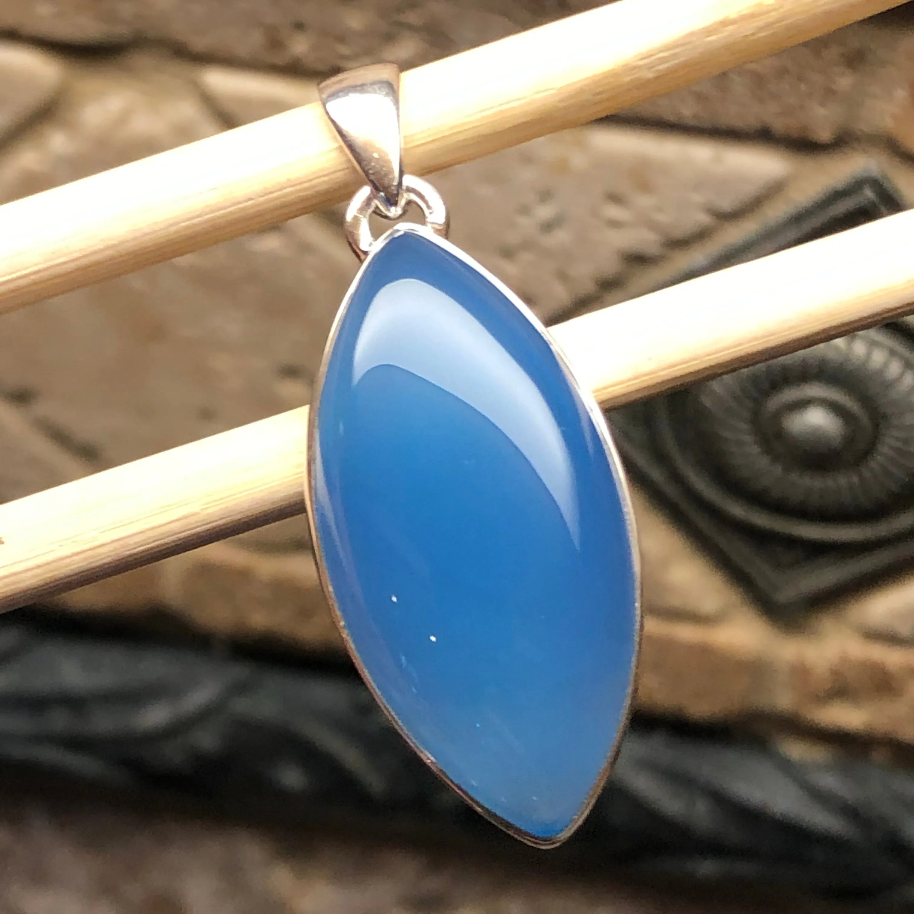 Natural Blue Chalcedony 925 Solid Sterling Silver Pendant 40mm