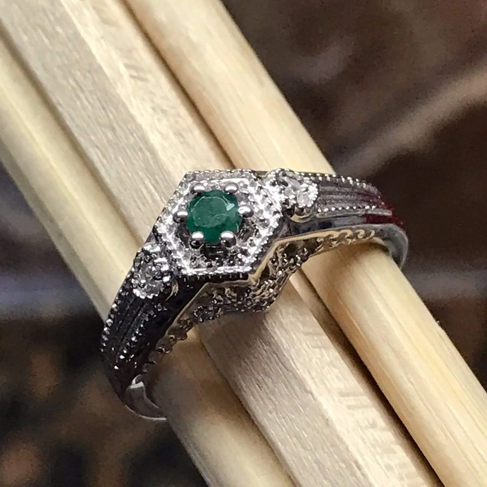 Natural Green Emerald 925 Solid Sterling Silver Engagement Ring Size 6, 7, 8, 9