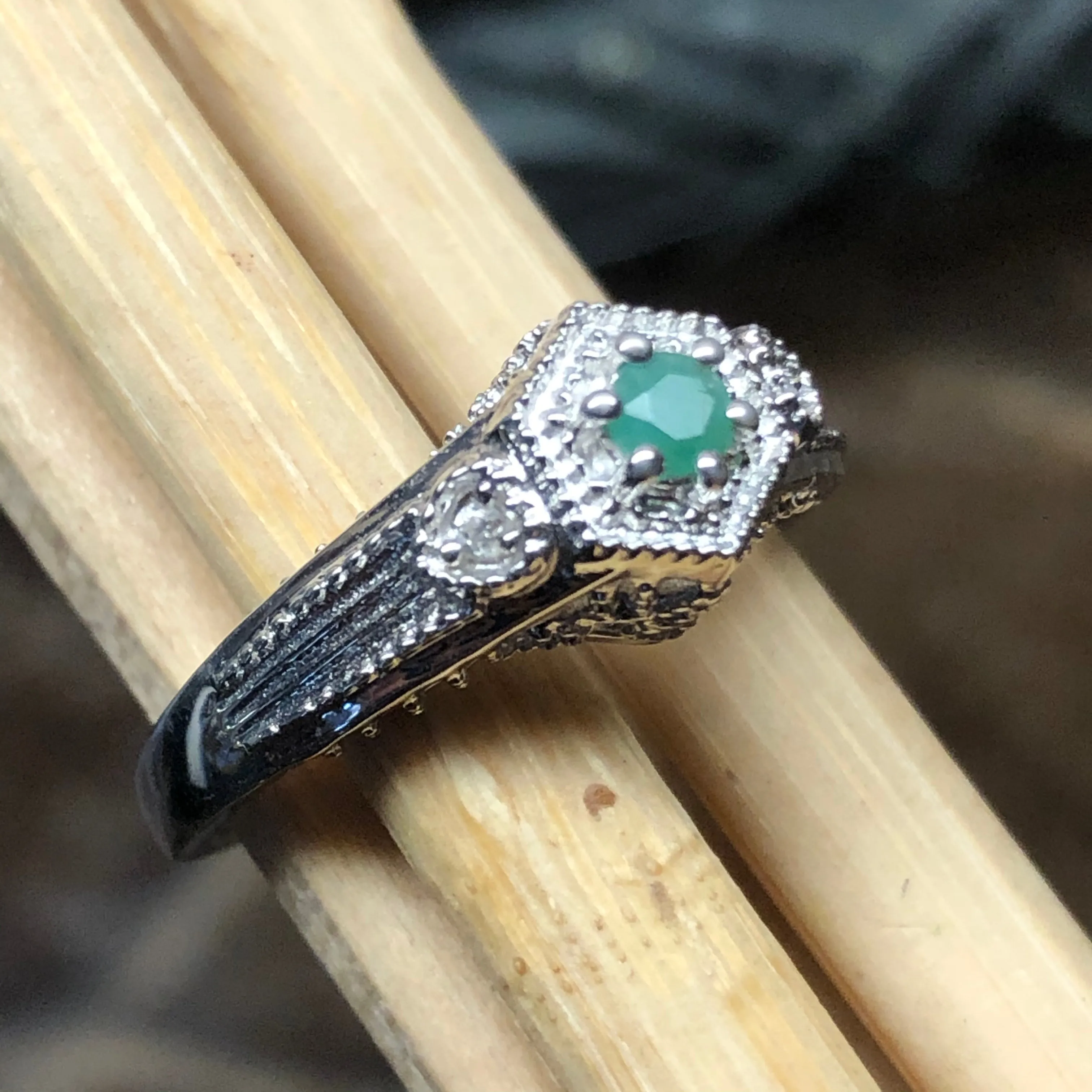 Natural Green Emerald 925 Solid Sterling Silver Engagement Ring Size 6, 7, 8, 9