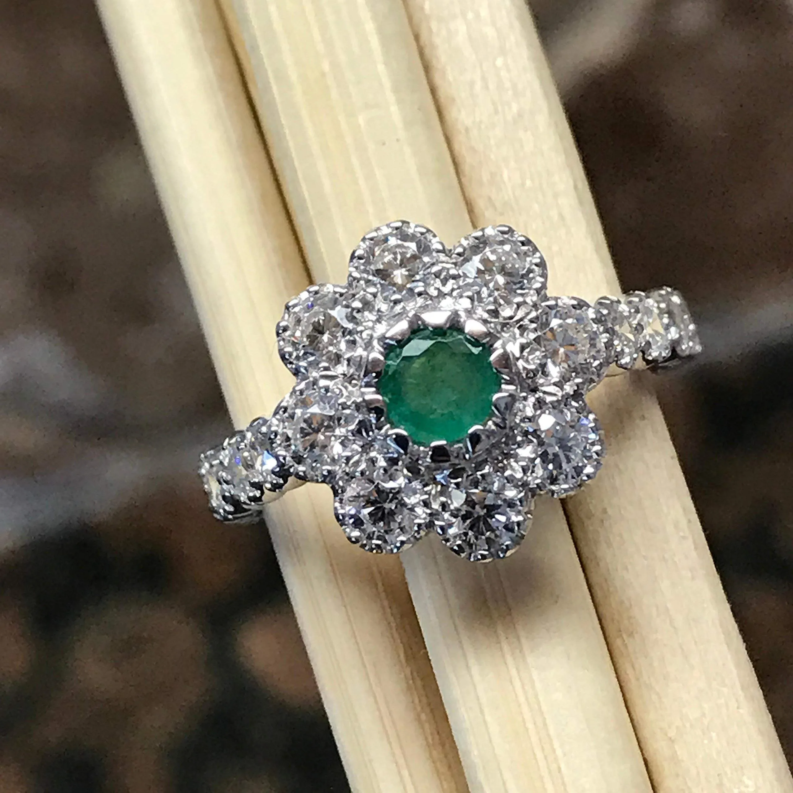 Natural Green Emerald 925 Solid Sterling Silver Engagement Ring Size 6, 7, 8, 9