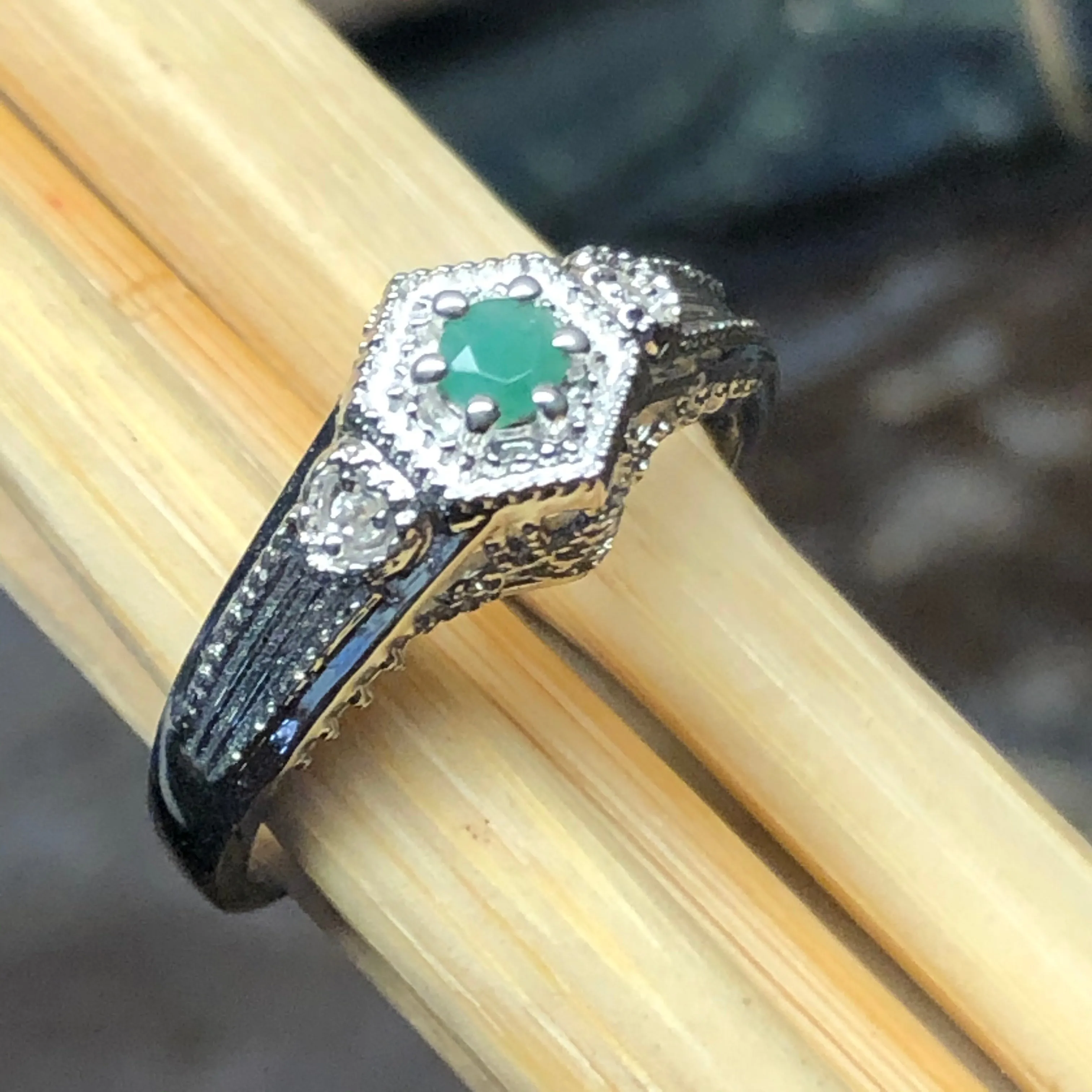 Natural Green Emerald 925 Solid Sterling Silver Engagement Ring Size 6, 7, 8, 9