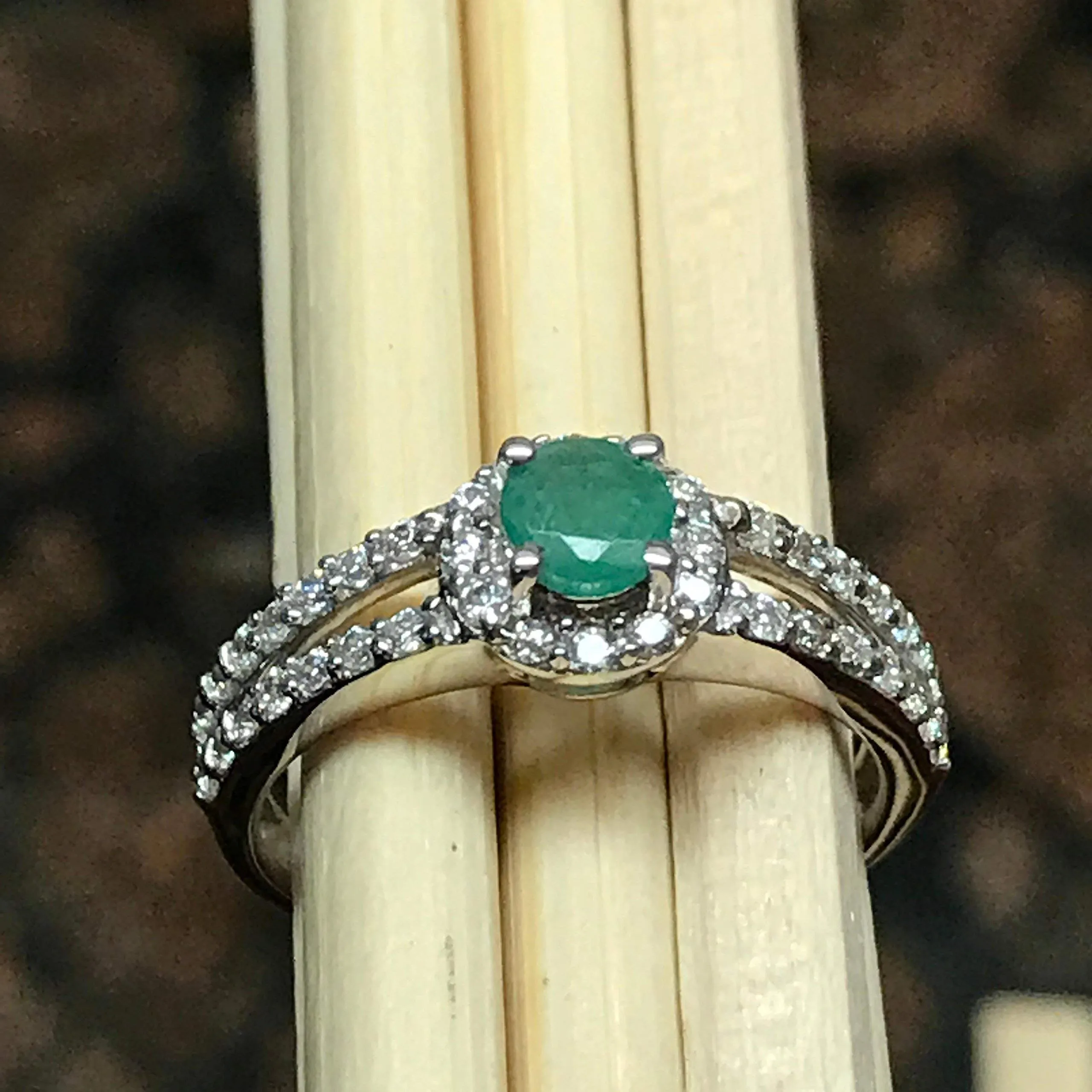 Natural Green Emerald 925 Solid Sterling Silver Engagement Ring Size 6, 7, 8, 9