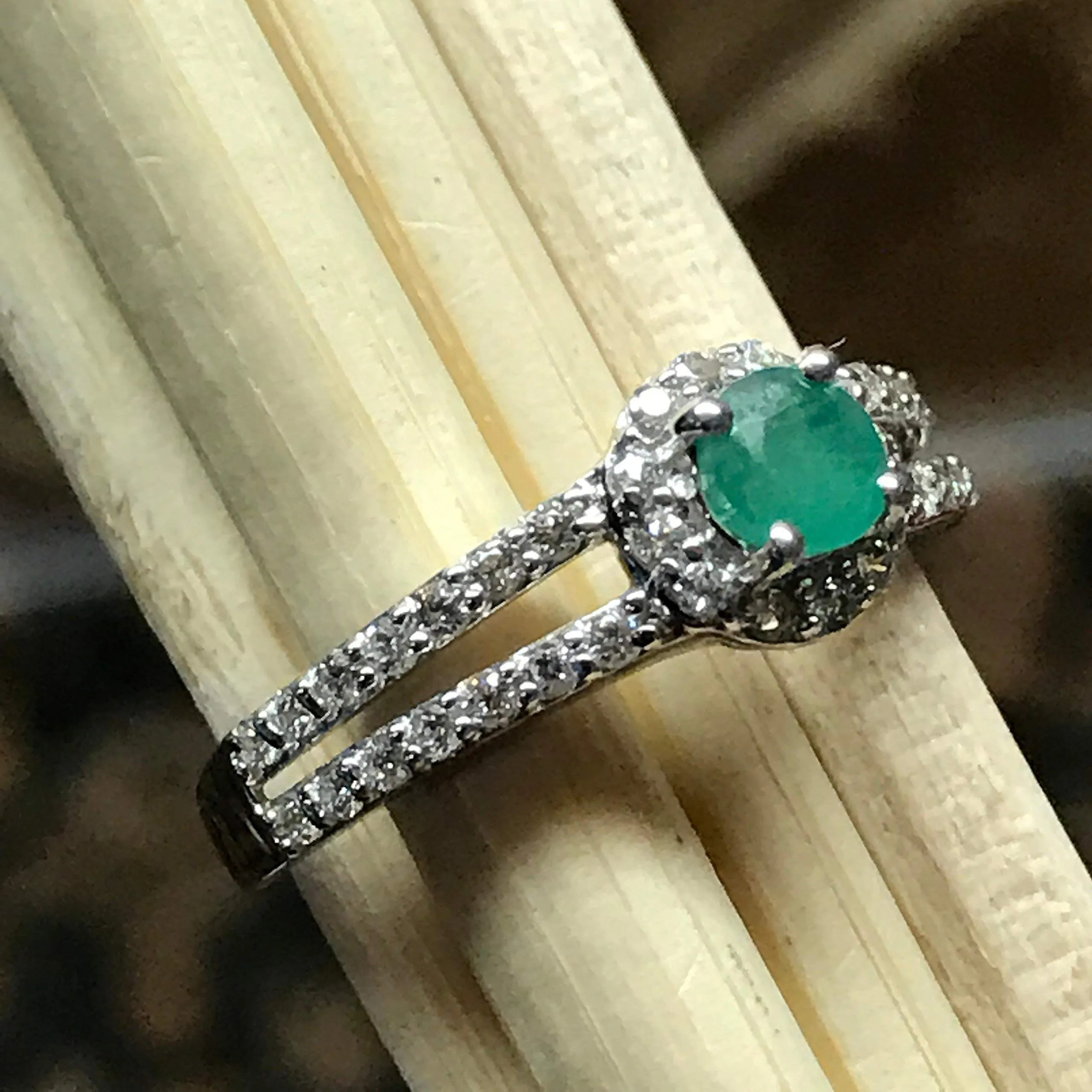 Natural Green Emerald 925 Solid Sterling Silver Engagement Ring Size 6, 7, 8, 9