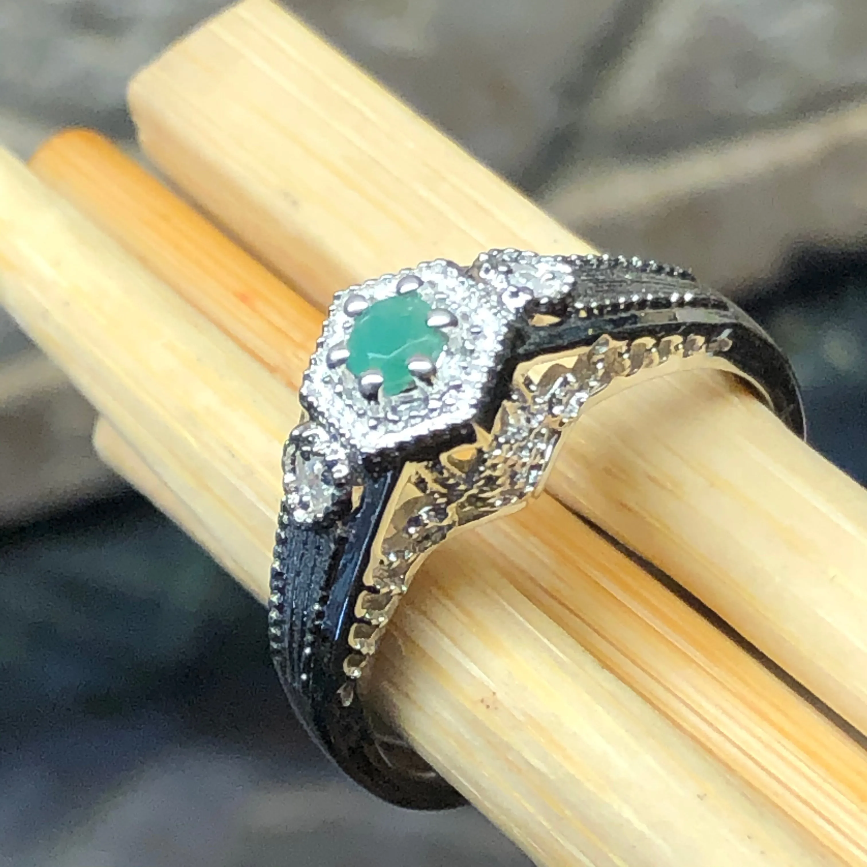 Natural Green Emerald 925 Solid Sterling Silver Engagement Ring Size 6, 7, 8, 9
