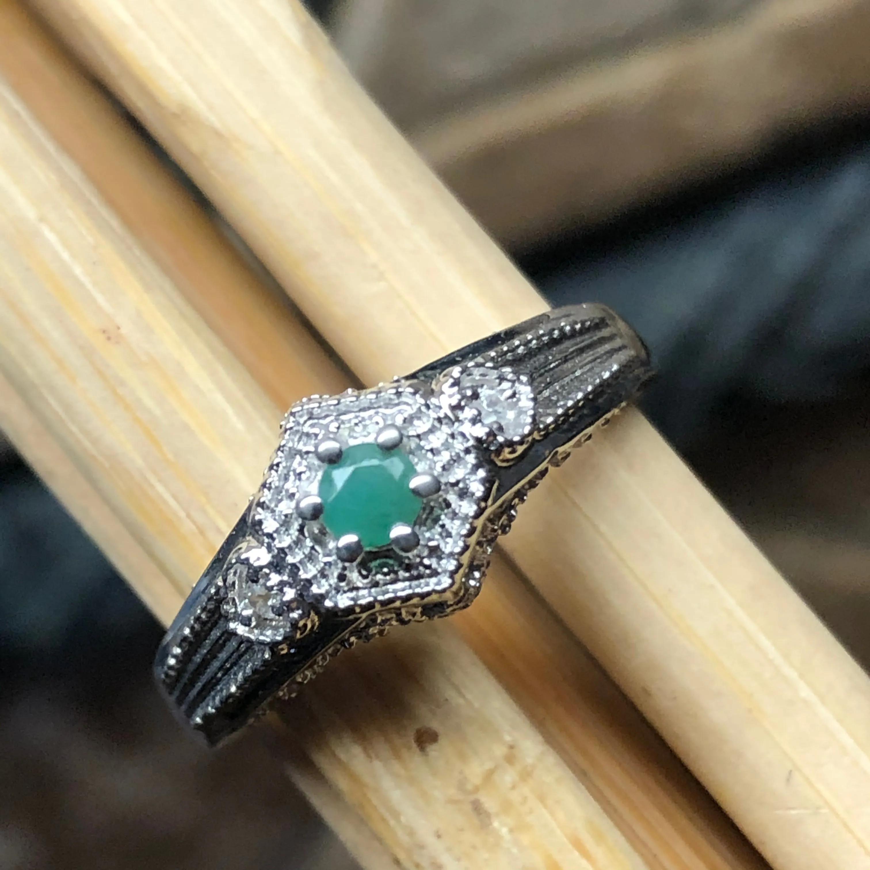 Natural Green Emerald 925 Solid Sterling Silver Engagement Ring Size 6, 7, 8, 9