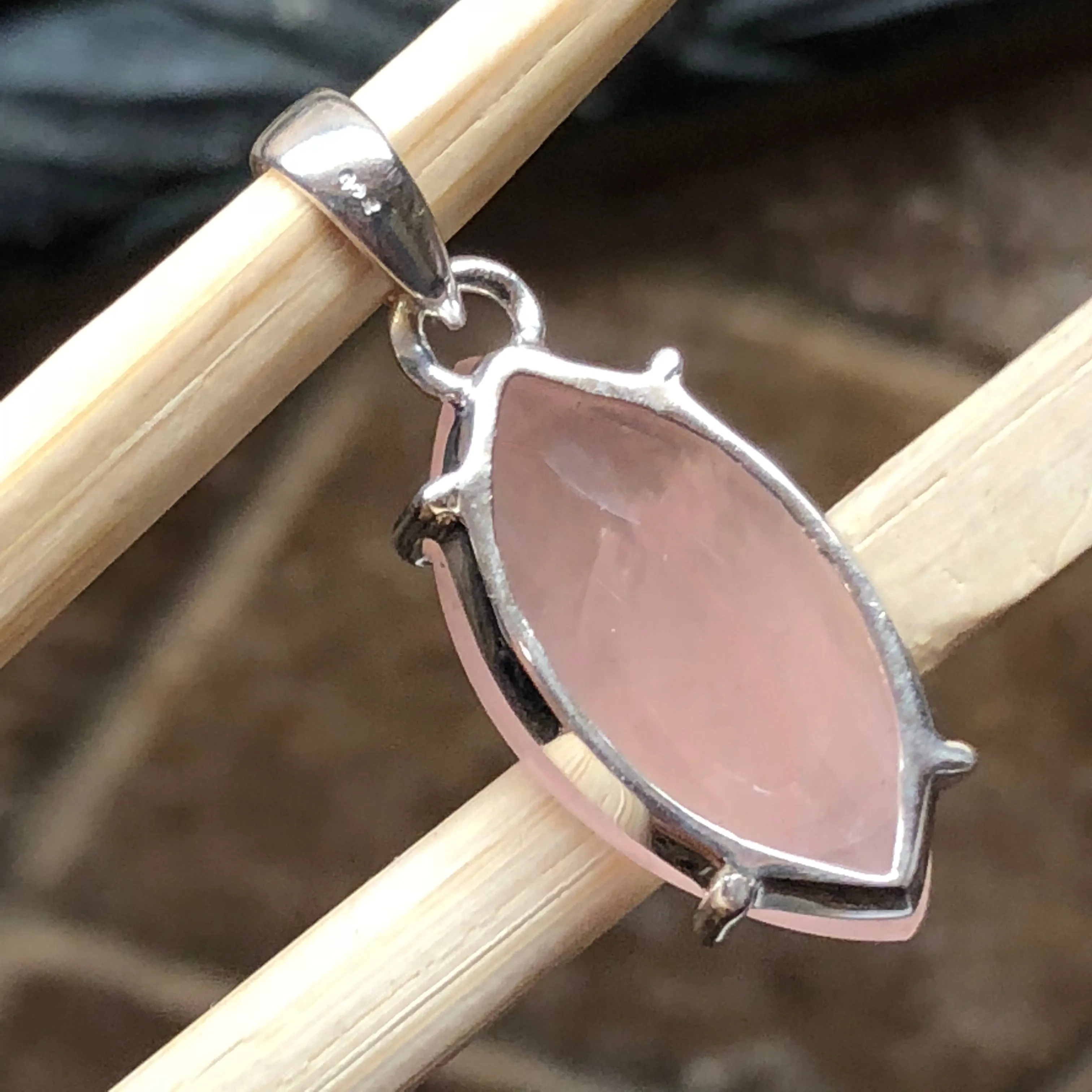 Natural Pink Rose Quartz 925 Solid Sterling Silver Pendant 30mm