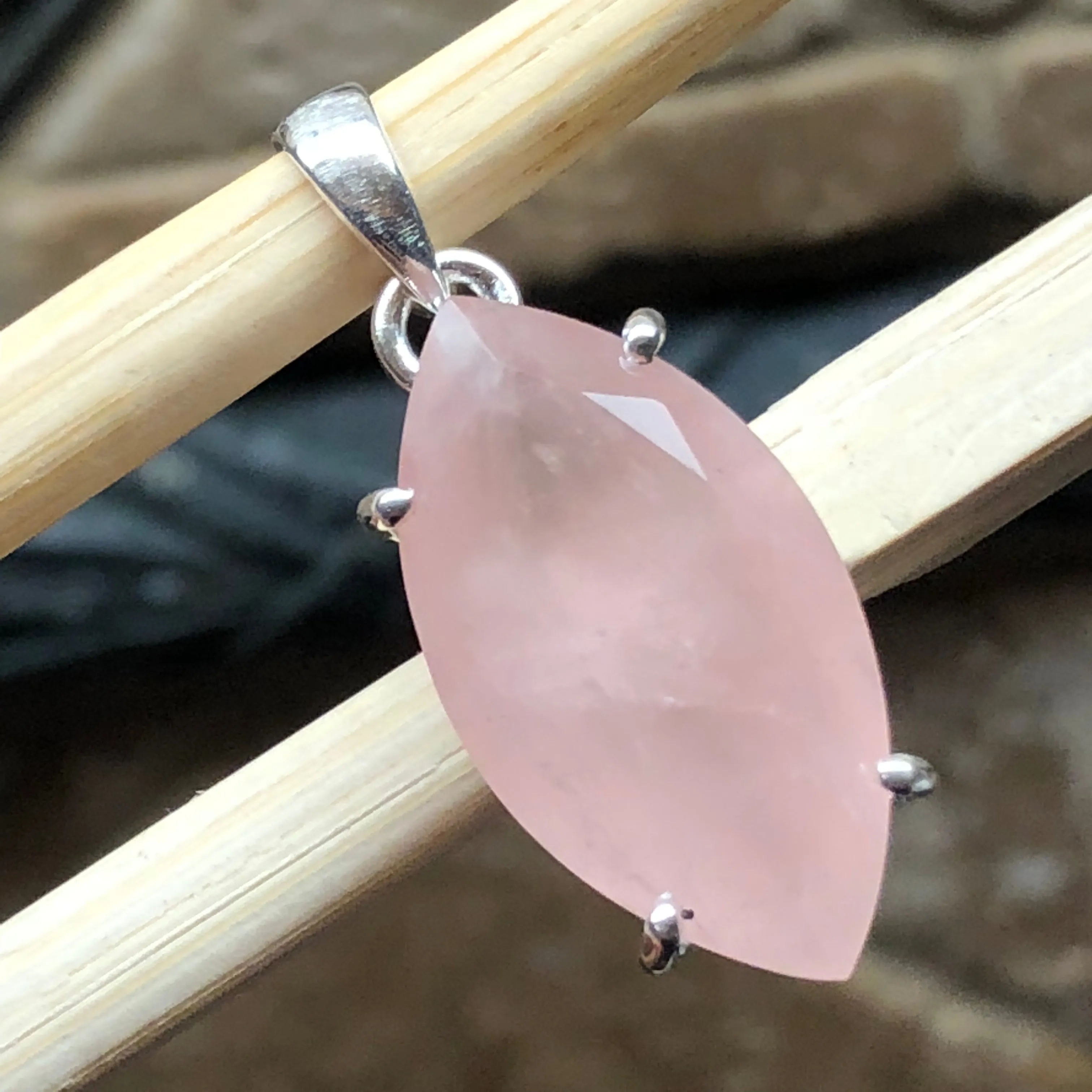 Natural Pink Rose Quartz 925 Solid Sterling Silver Pendant 30mm