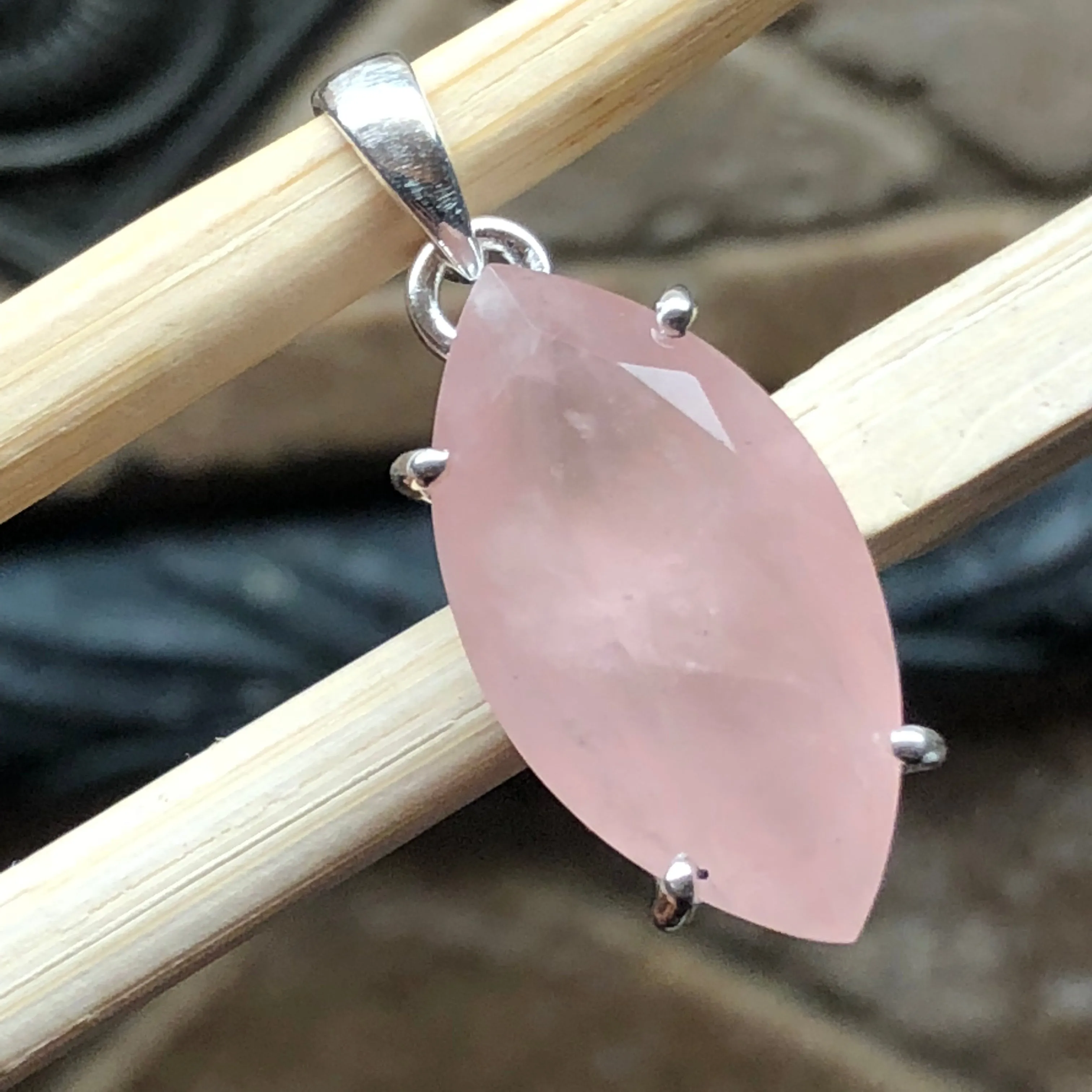 Natural Pink Rose Quartz 925 Solid Sterling Silver Pendant 30mm