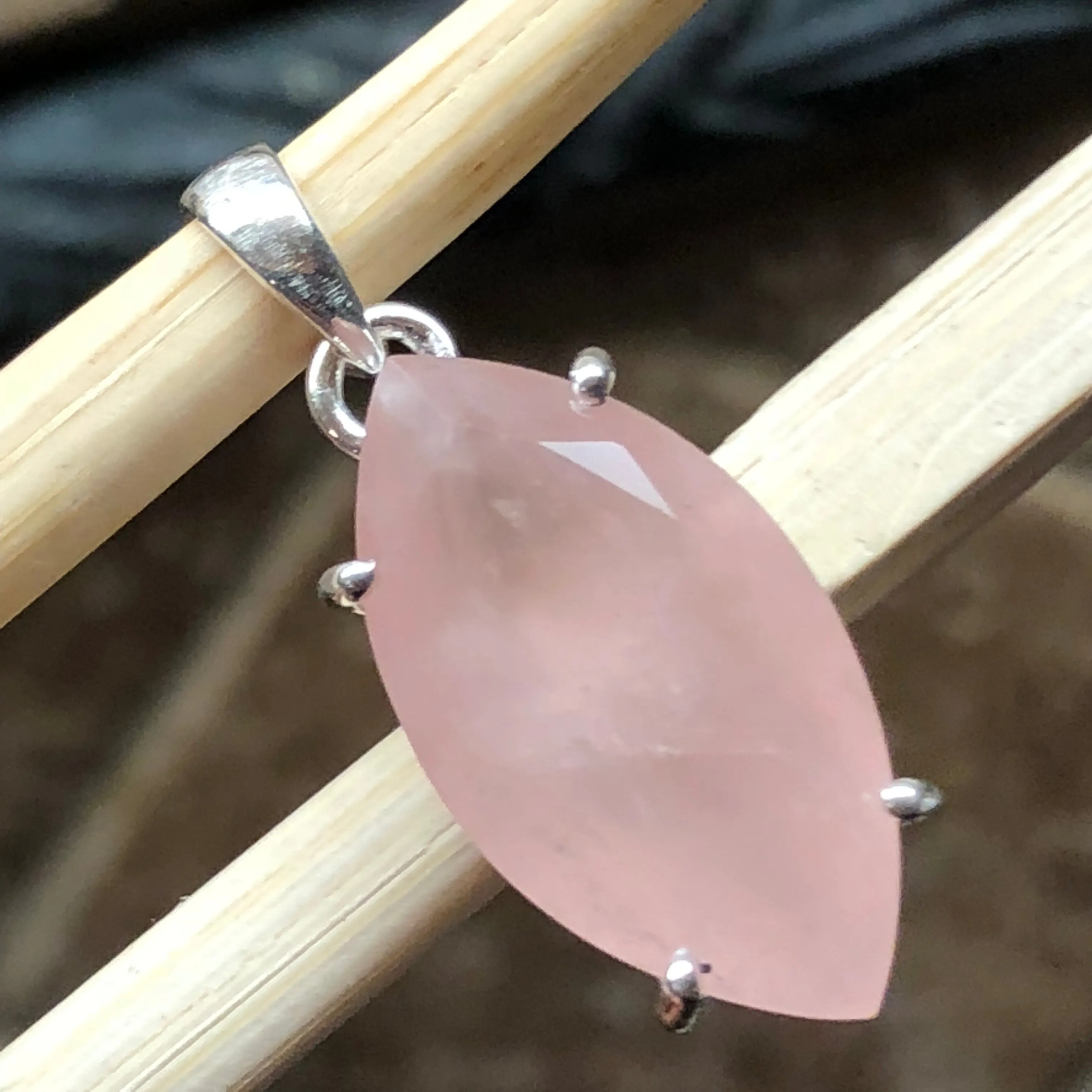 Natural Pink Rose Quartz 925 Solid Sterling Silver Pendant 30mm