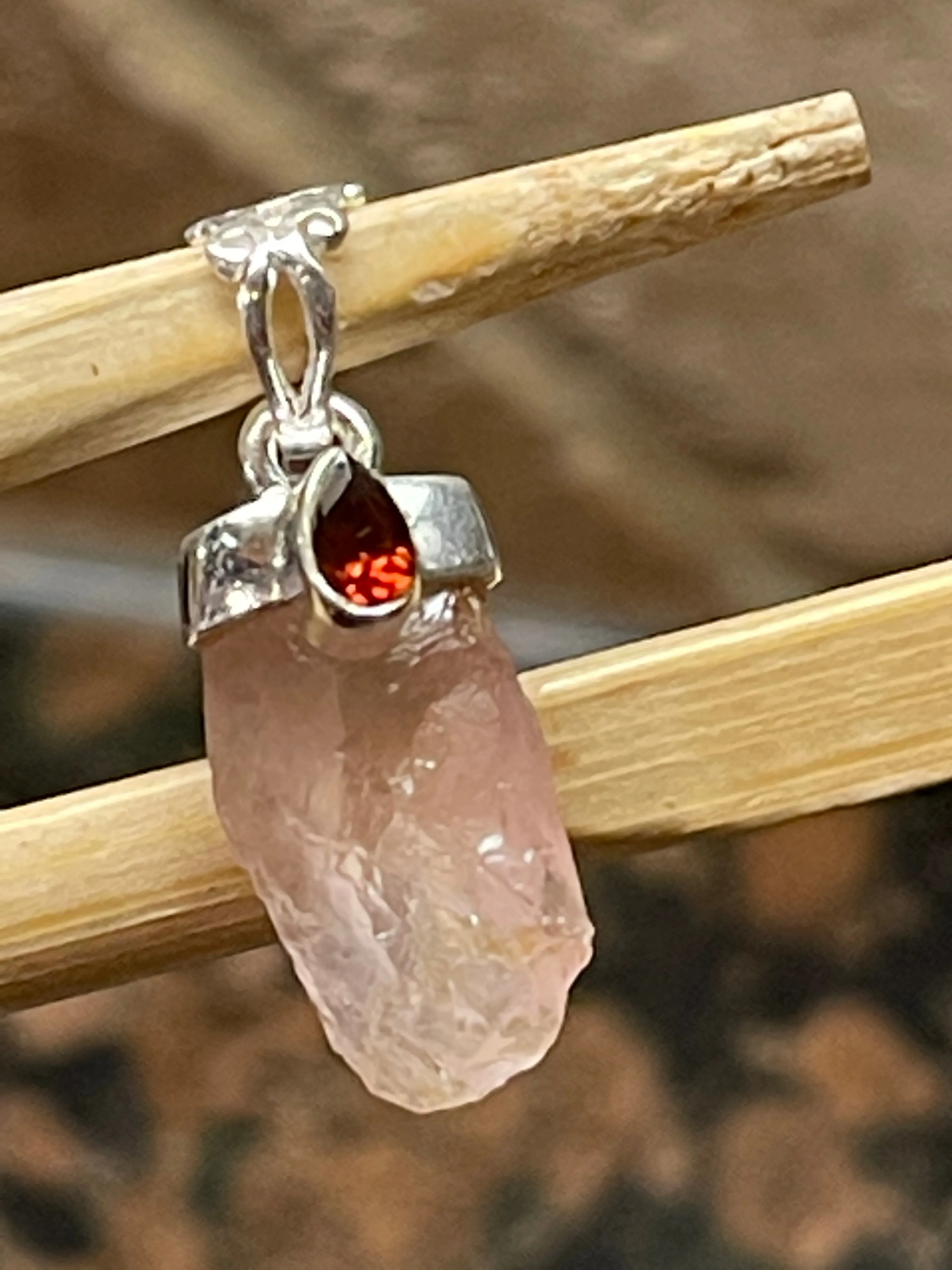 Natural Pink Rose Quartz, Garnet 925 Solid Sterling Silver Pendant 27mm