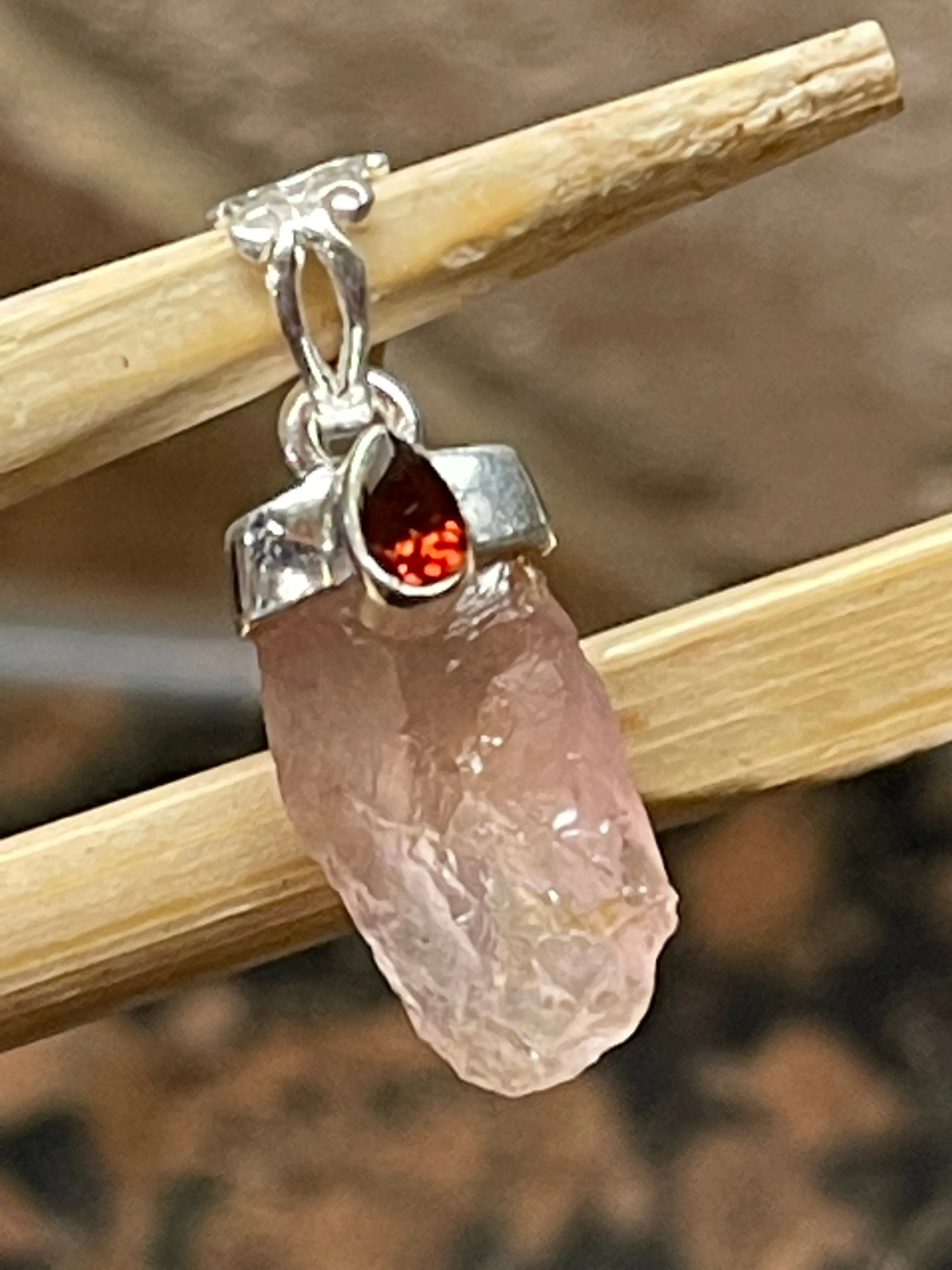 Natural Pink Rose Quartz, Garnet 925 Solid Sterling Silver Pendant 27mm