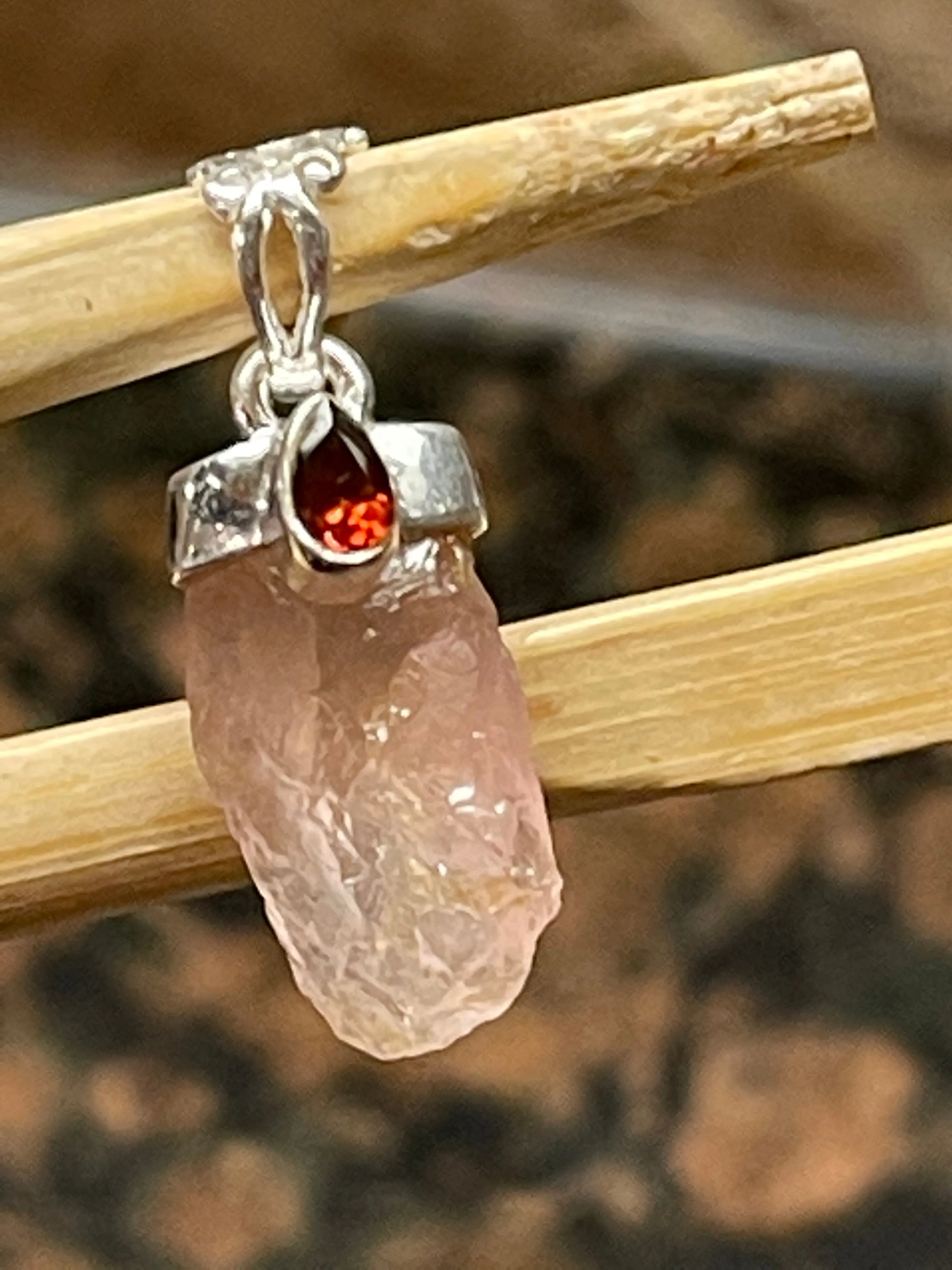 Natural Pink Rose Quartz, Garnet 925 Solid Sterling Silver Pendant 27mm