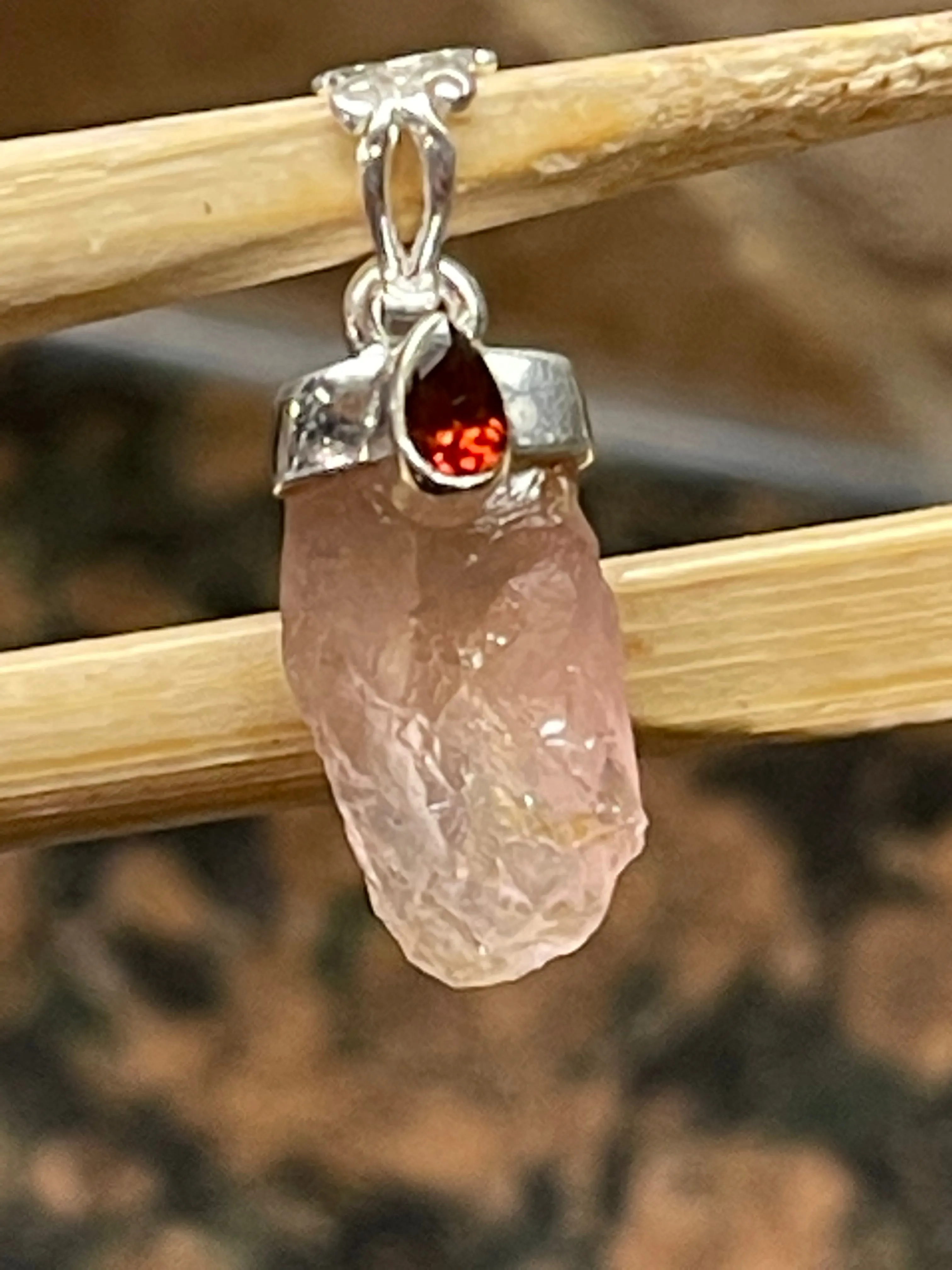 Natural Pink Rose Quartz, Garnet 925 Solid Sterling Silver Pendant 27mm