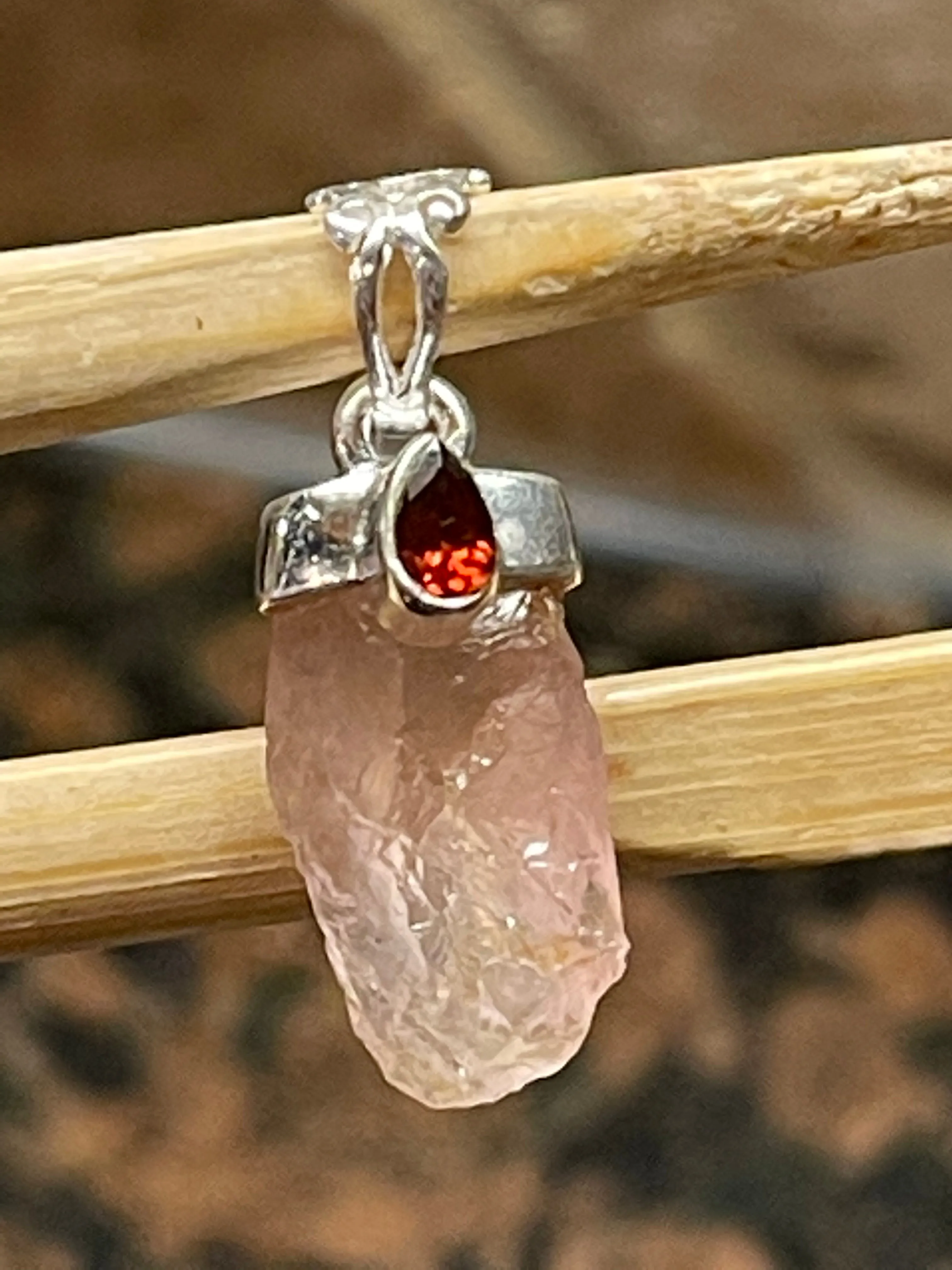 Natural Pink Rose Quartz, Garnet 925 Solid Sterling Silver Pendant 27mm