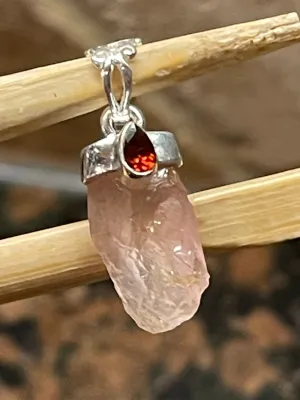 Natural Pink Rose Quartz, Garnet 925 Solid Sterling Silver Pendant 27mm