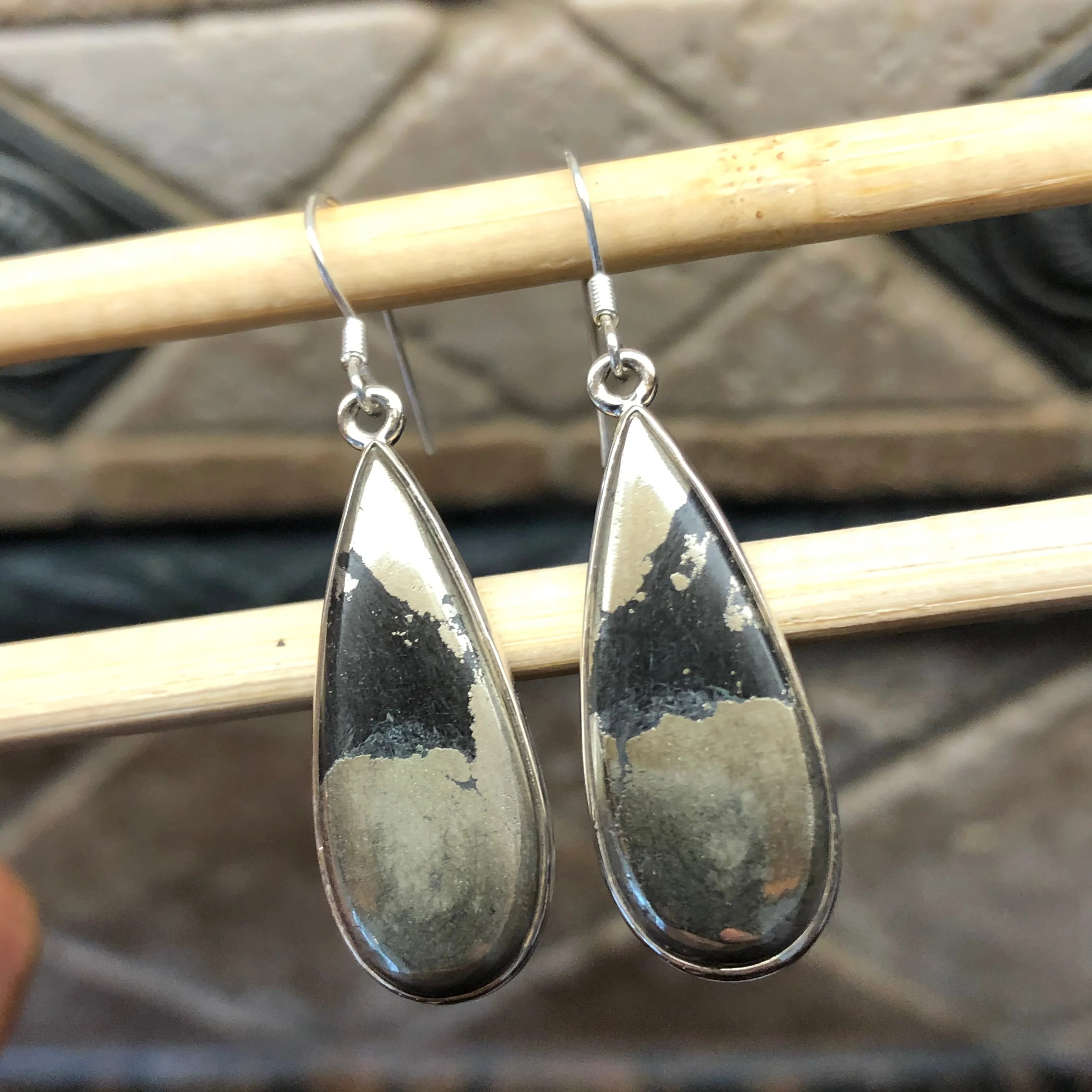 Natural Pyrite in Magnetite 925 Solid Sterling Silver Earrings 30mm