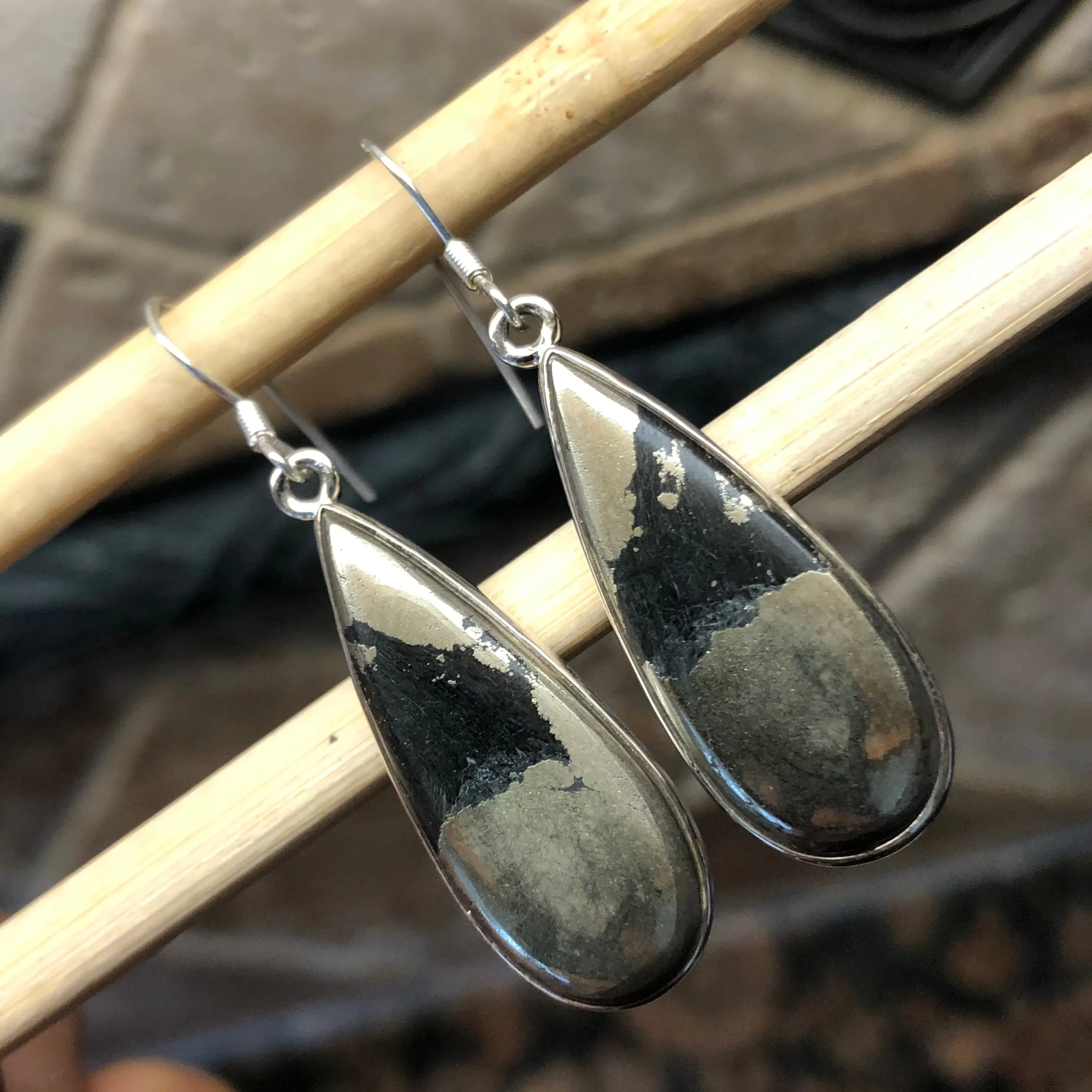 Natural Pyrite in Magnetite 925 Solid Sterling Silver Earrings 30mm