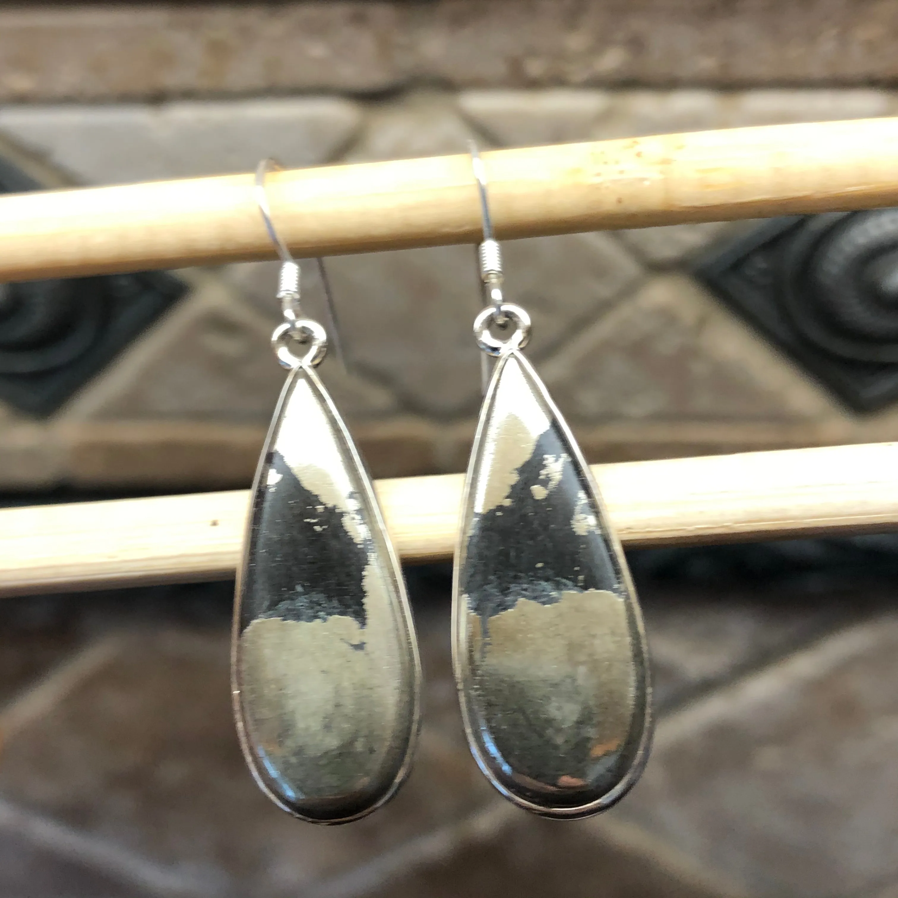Natural Pyrite in Magnetite 925 Solid Sterling Silver Earrings 30mm
