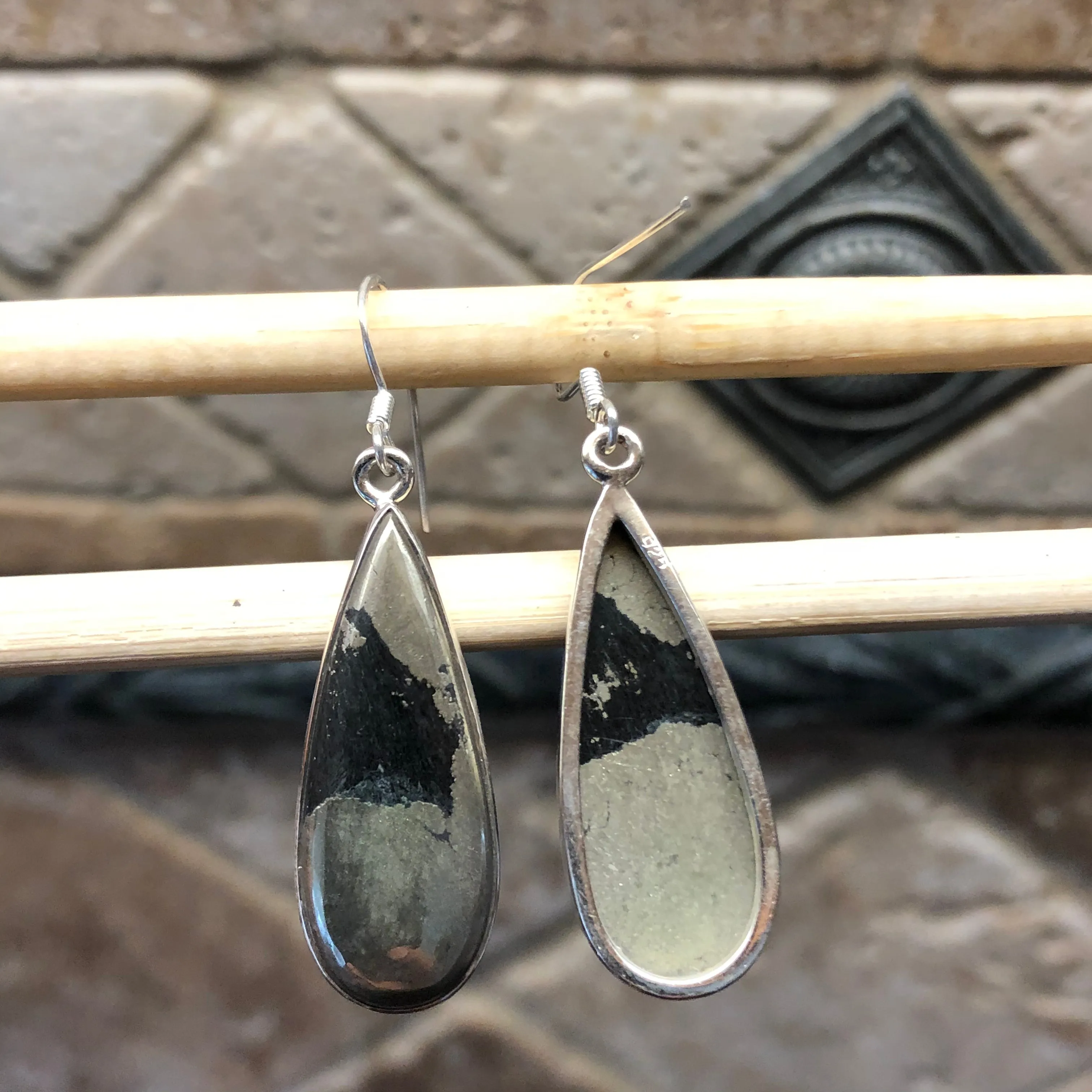 Natural Pyrite in Magnetite 925 Solid Sterling Silver Earrings 30mm
