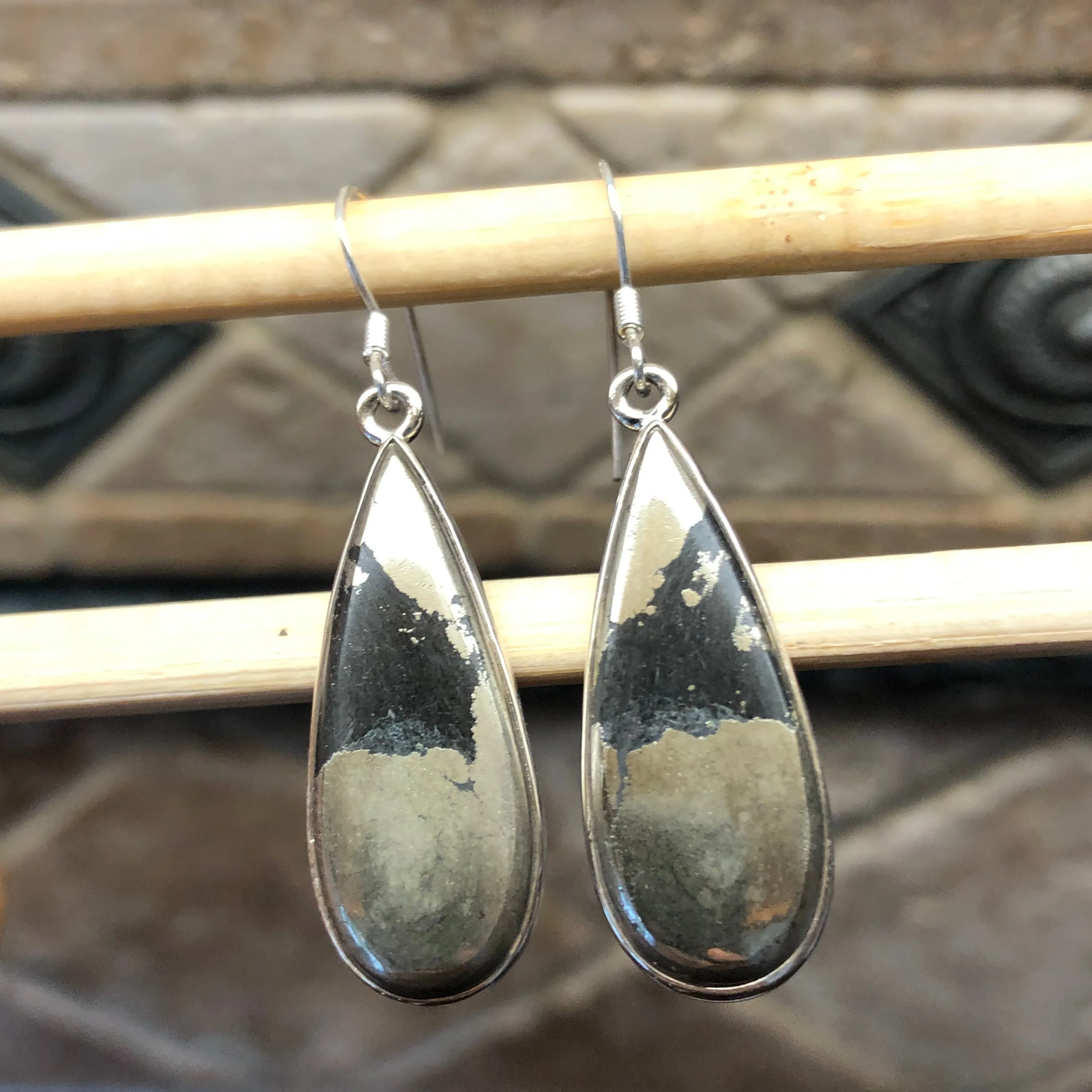 Natural Pyrite in Magnetite 925 Solid Sterling Silver Earrings 30mm