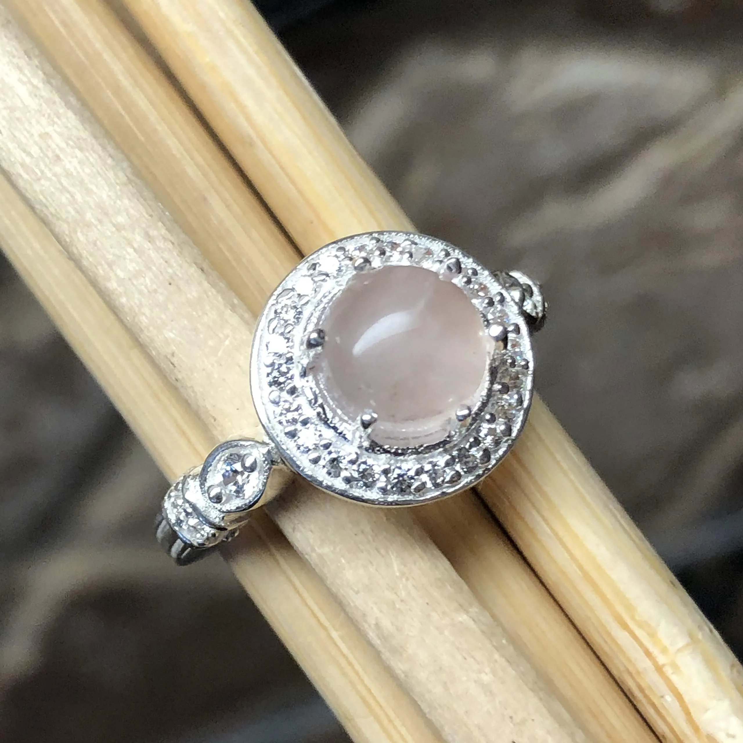 Natural Rose Quartz 925 Solid Sterling Silver Engagement Ring Size 6, 7, 8, 9