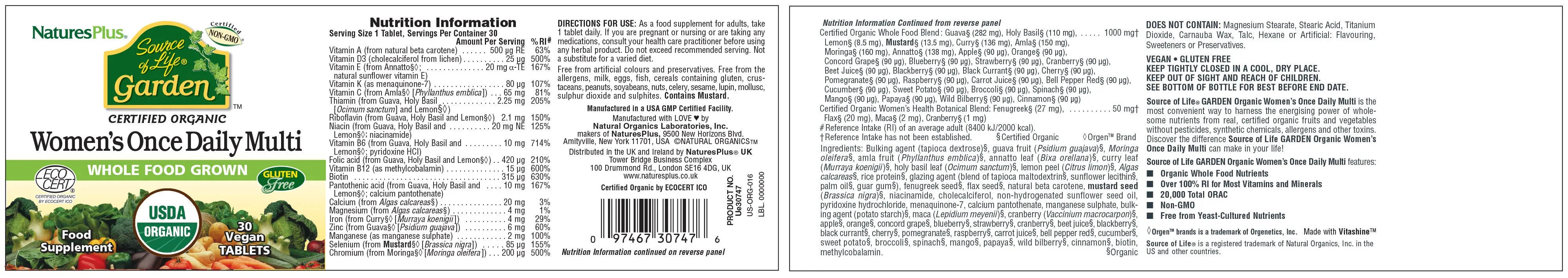 Nature's Plus Source of Life Garden Certified Organic Women's Once Daily Multi 30's
