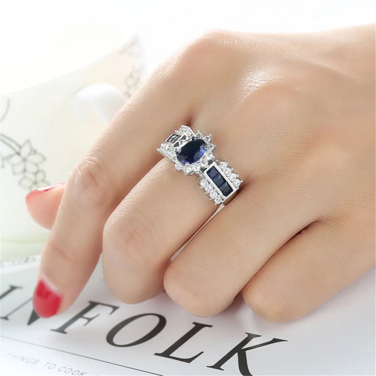 Navy Crystal & Cubic Zirconia Oval Halo Ring