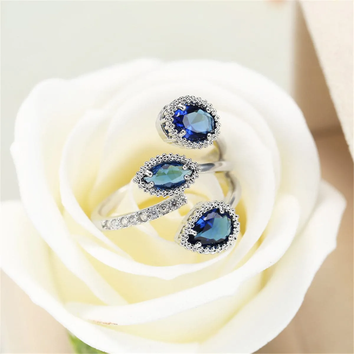 Navy Crystal & Silver-Plated Rattan Three-Stone Bypass Ring