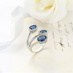 Navy Crystal & Silver-Plated Rattan Three-Stone Bypass Ring