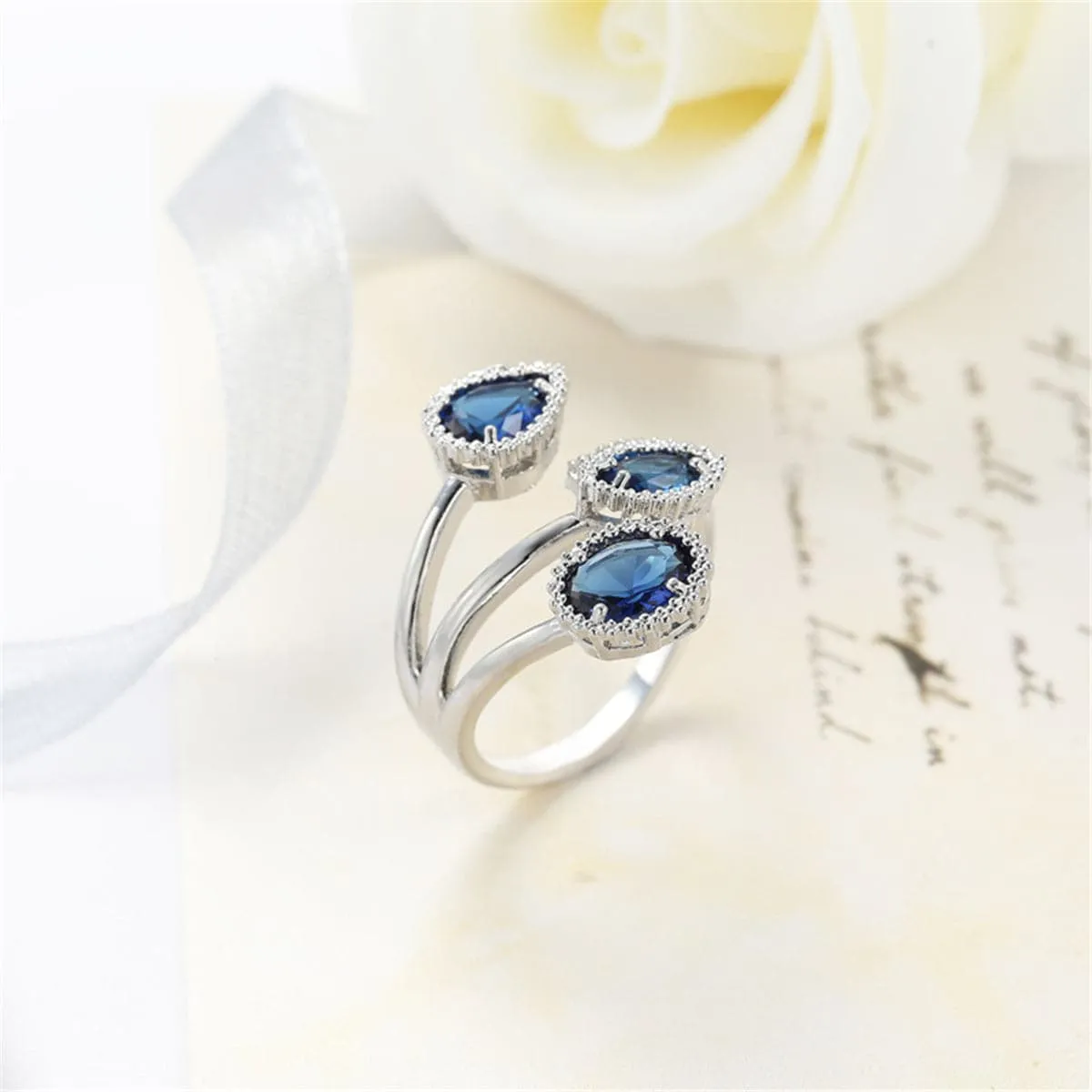 Navy Crystal & Silver-Plated Rattan Three-Stone Bypass Ring