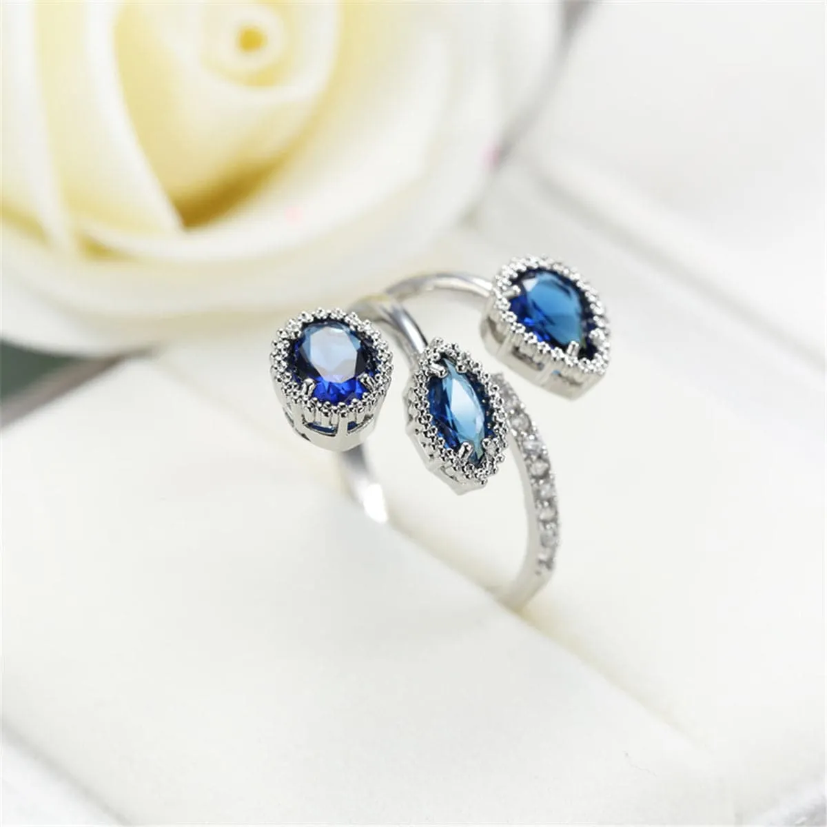 Navy Crystal & Silver-Plated Rattan Three-Stone Bypass Ring